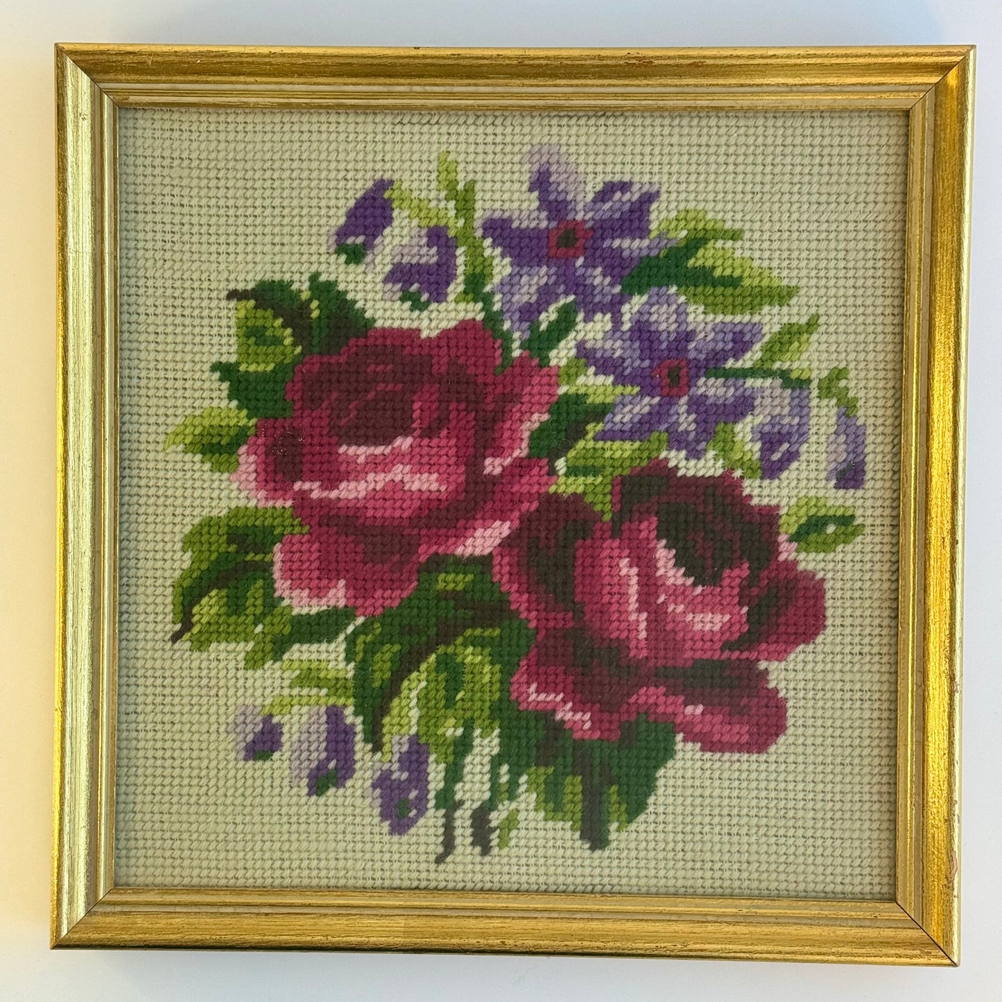 Vintage Framed Floral Needlepoint Square