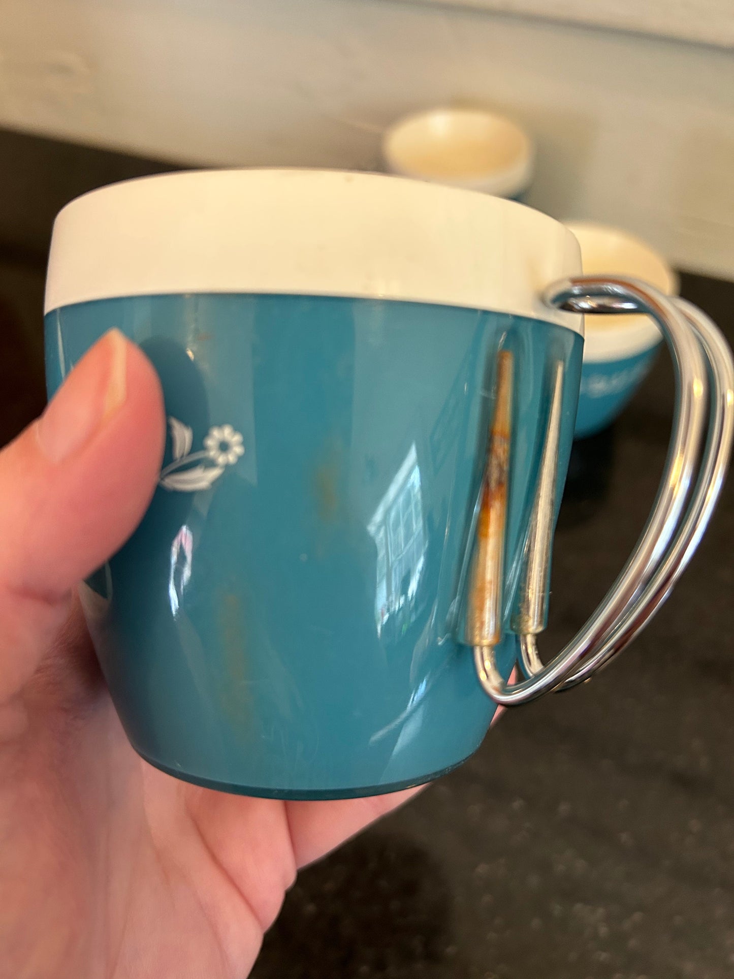 Thermal Mugs Mid-Century Modern White and Blue Metal Handle Set of 6 MCM mugs