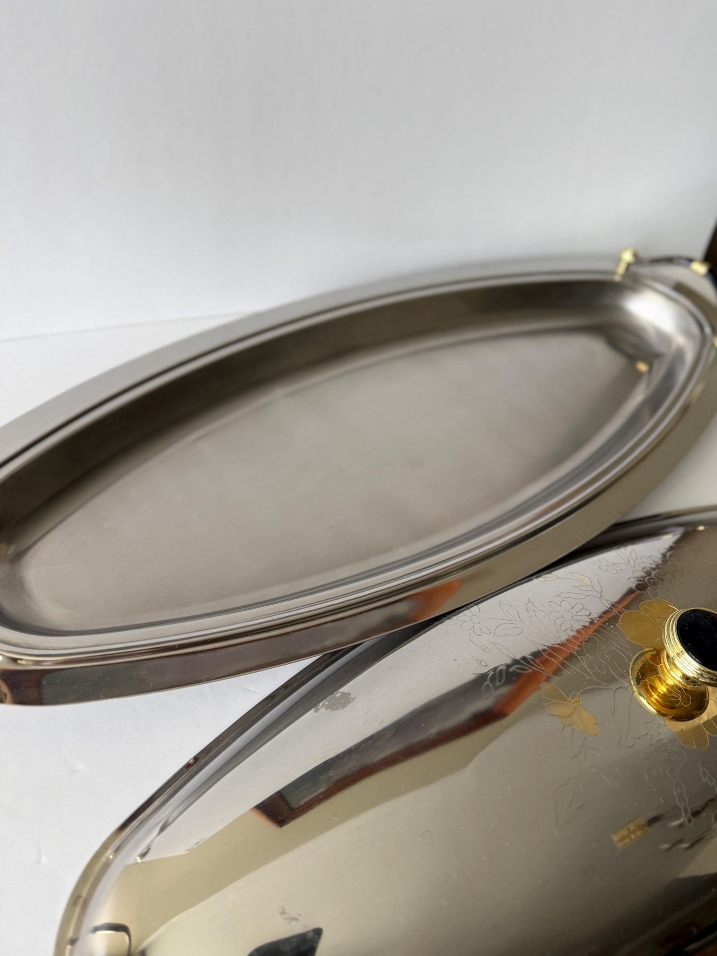 Vintage Italian Stainless Steel Covered Fish Platter, Floral Engraved Lid
