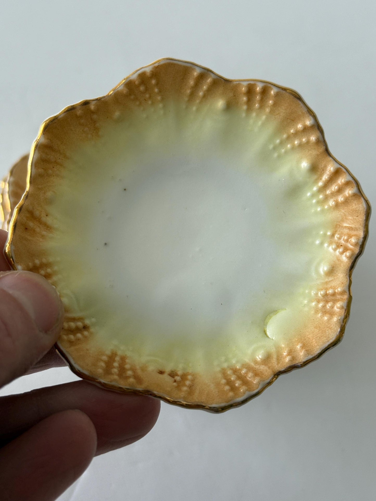 Set of 4 Antique Porcelain Butter Pats, Gold Rim Scalloped Victorian Tableware