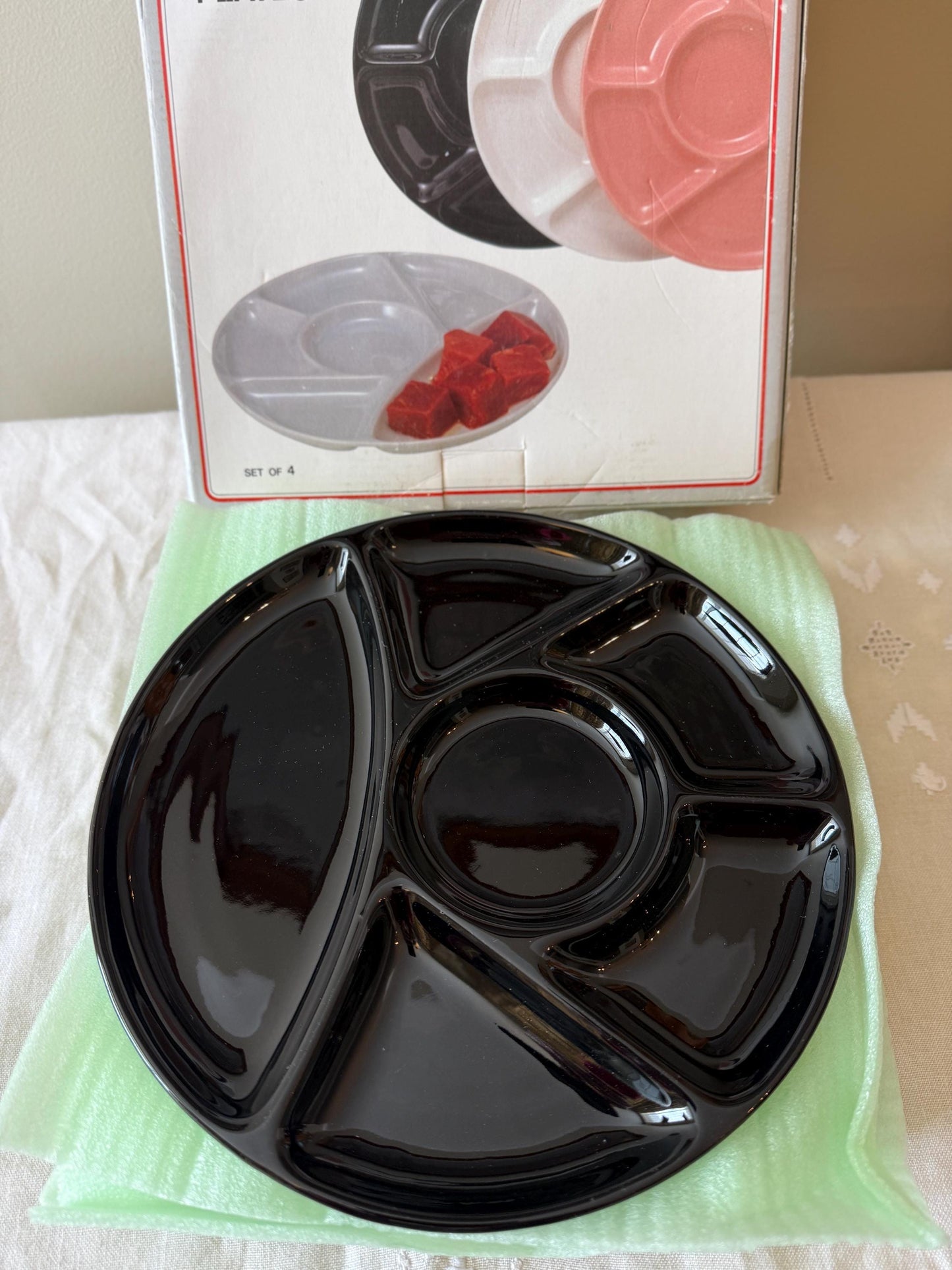 Vintage White and Black Ceramic Divided Plates - MCM Set of 4 - Foundue Plates