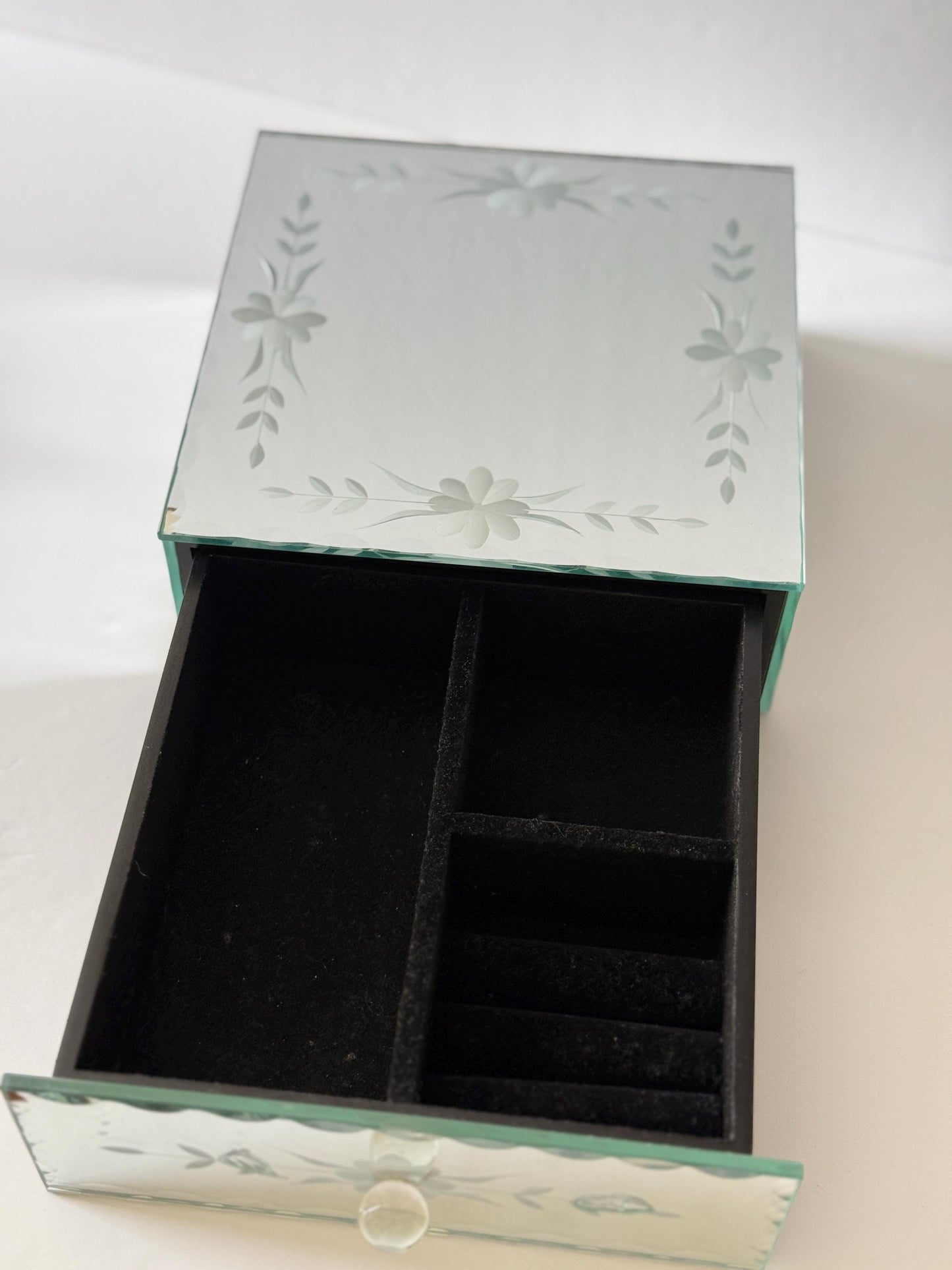 Vintage Etched Mirror Glass Trinket Box with Drawer Mid Century Jewelry Box