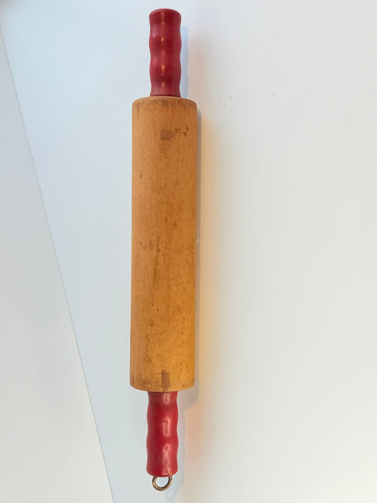 Vintage Wood Rolling Pin Red Handles