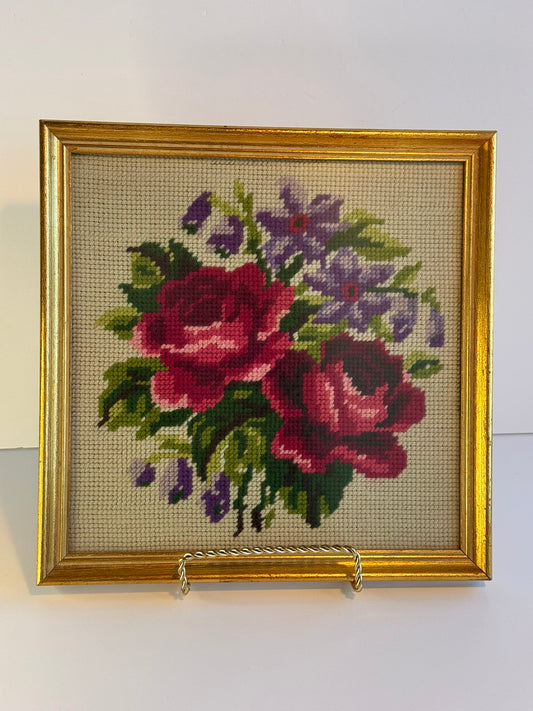 Vintage Framed Floral Needlepoint Square
