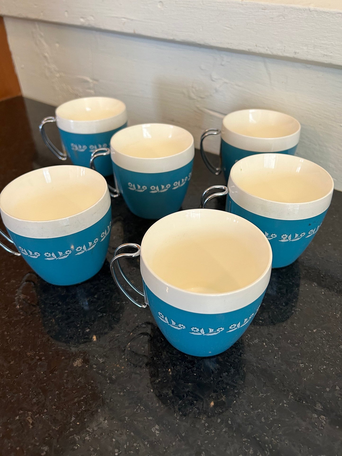 Thermal Mugs Mid-Century Modern White and Blue Metal Handle Set of 6 MCM mugs