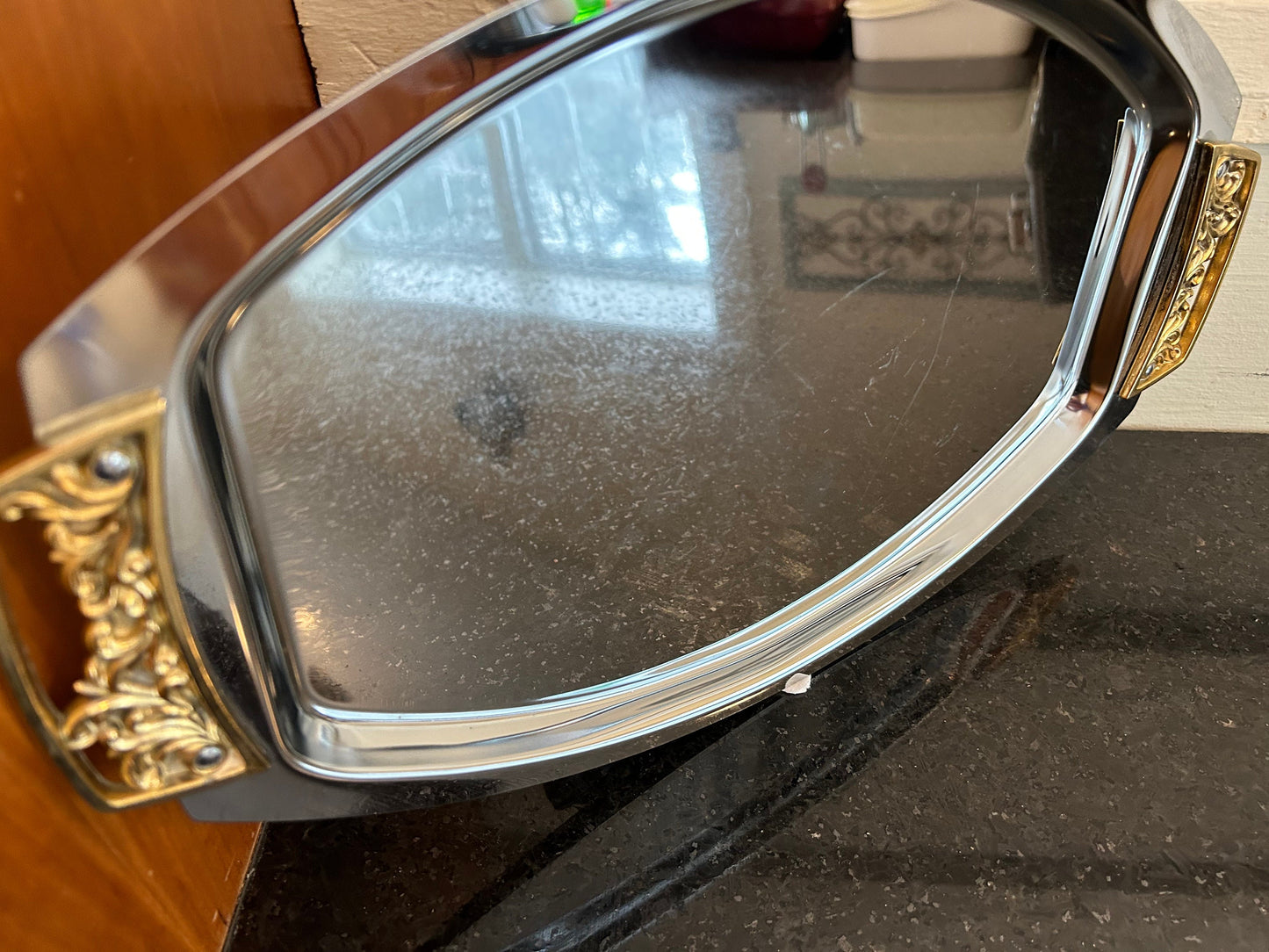 KROMEX Silver Tray with Golden Handles Vintage Mid-century Modern
