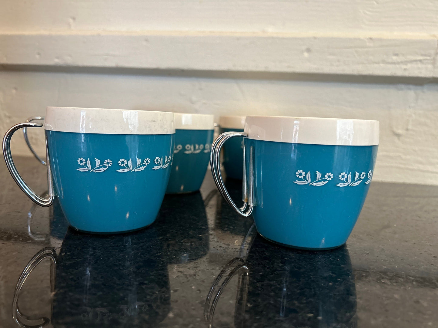 Thermal Mugs Mid-Century Modern White and Blue Metal Handle Set of 6 MCM mugs