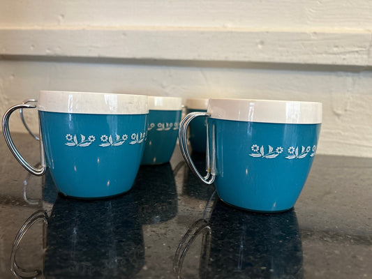 Thermal Mugs Mid-Century Modern White and Blue Metal Handle Set of 6 MCM mugs