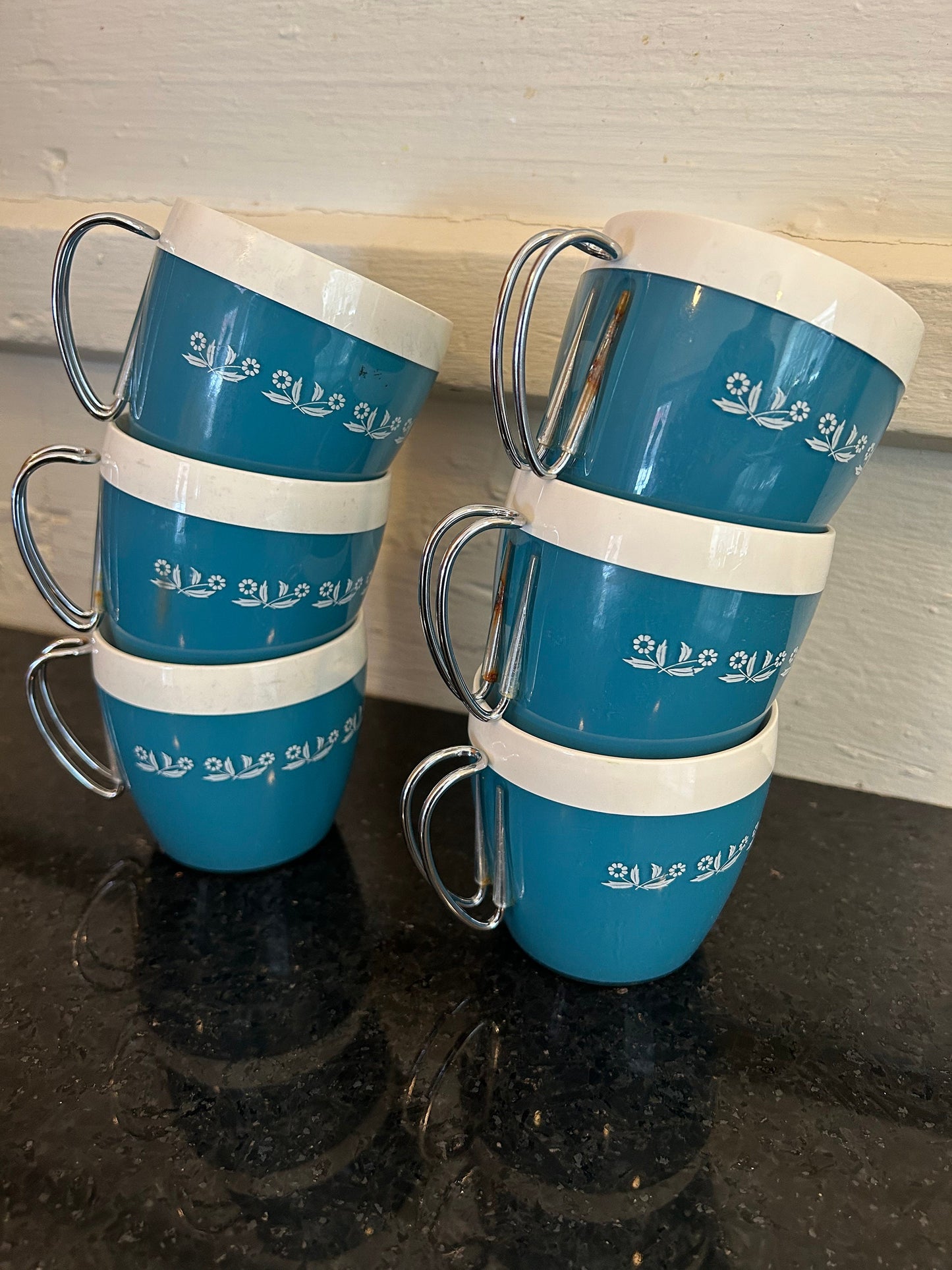 Thermal Mugs Mid-Century Modern White and Blue Metal Handle Set of 6 MCM mugs