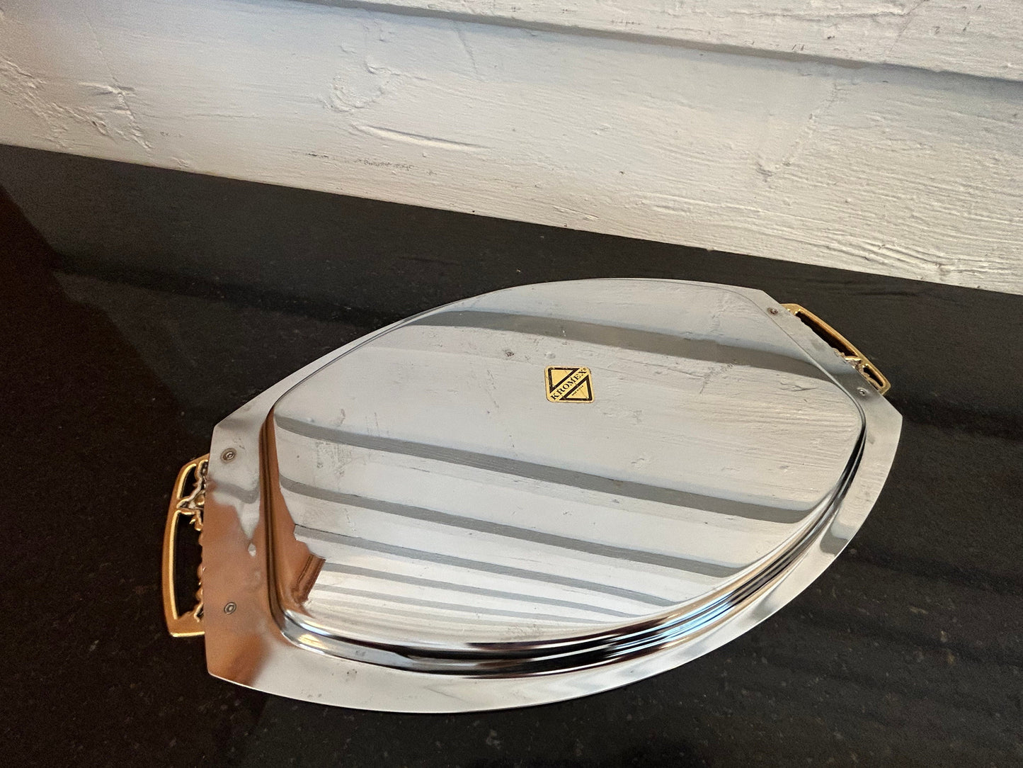 KROMEX Silver Tray with Golden Handles Vintage Mid-century Modern