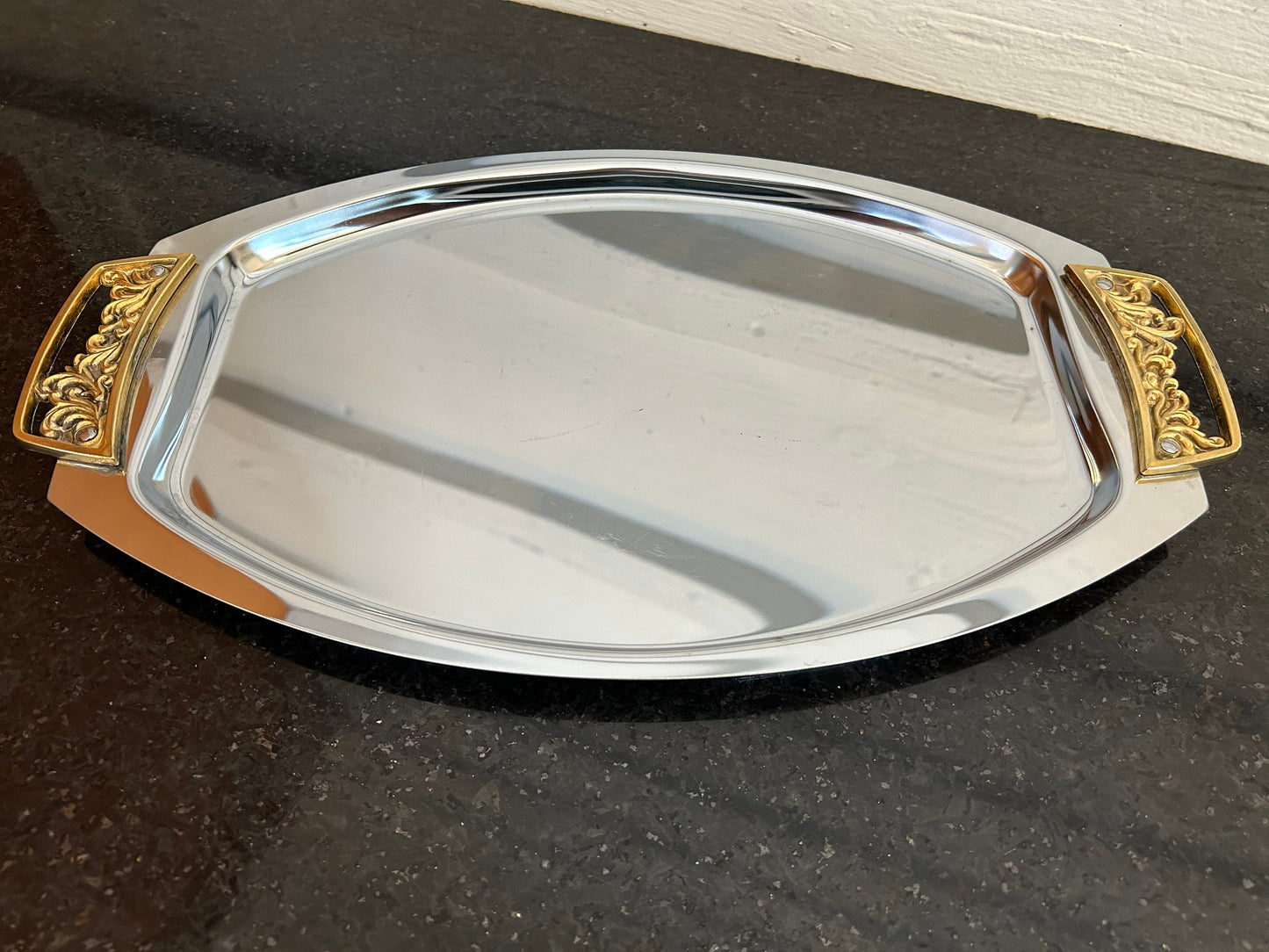 KROMEX Silver Tray with Golden Handles Vintage Mid-century Modern