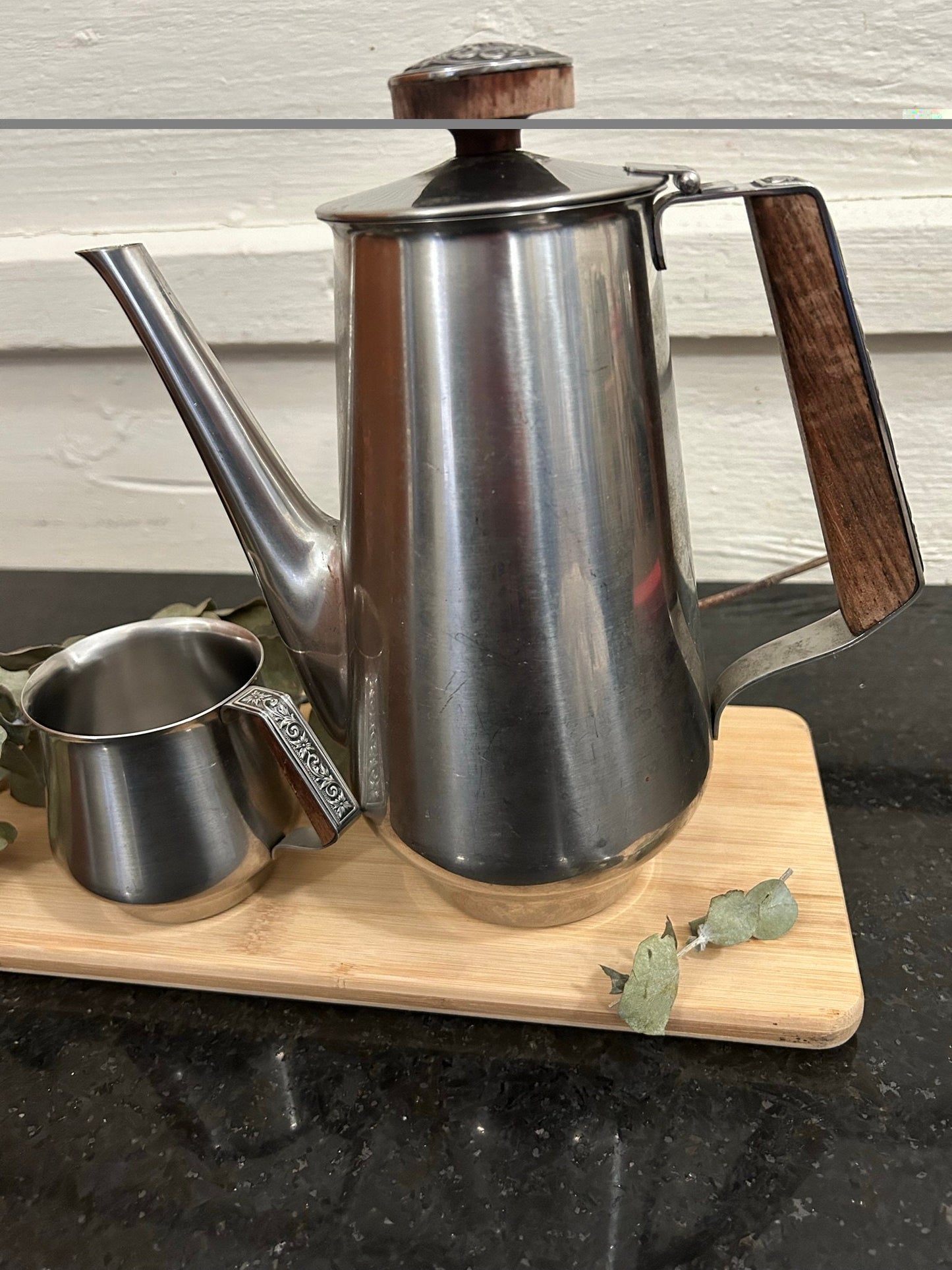MCM Stainless Steel Coffee Pot & Creamer Set: Teak Handle, International Decorator