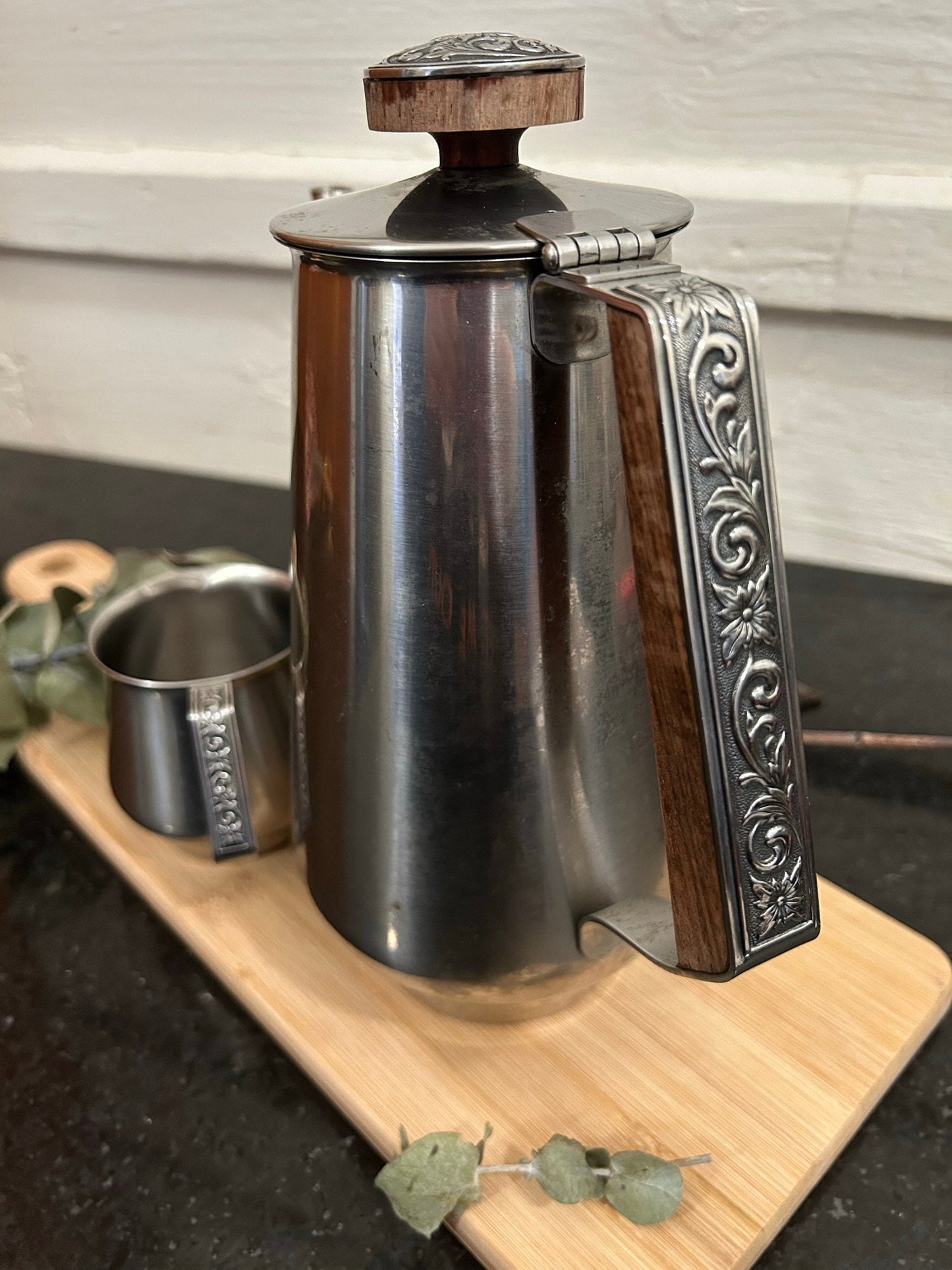 MCM Stainless Steel Coffee Pot & Creamer Set: Teak Handle, International Decorator