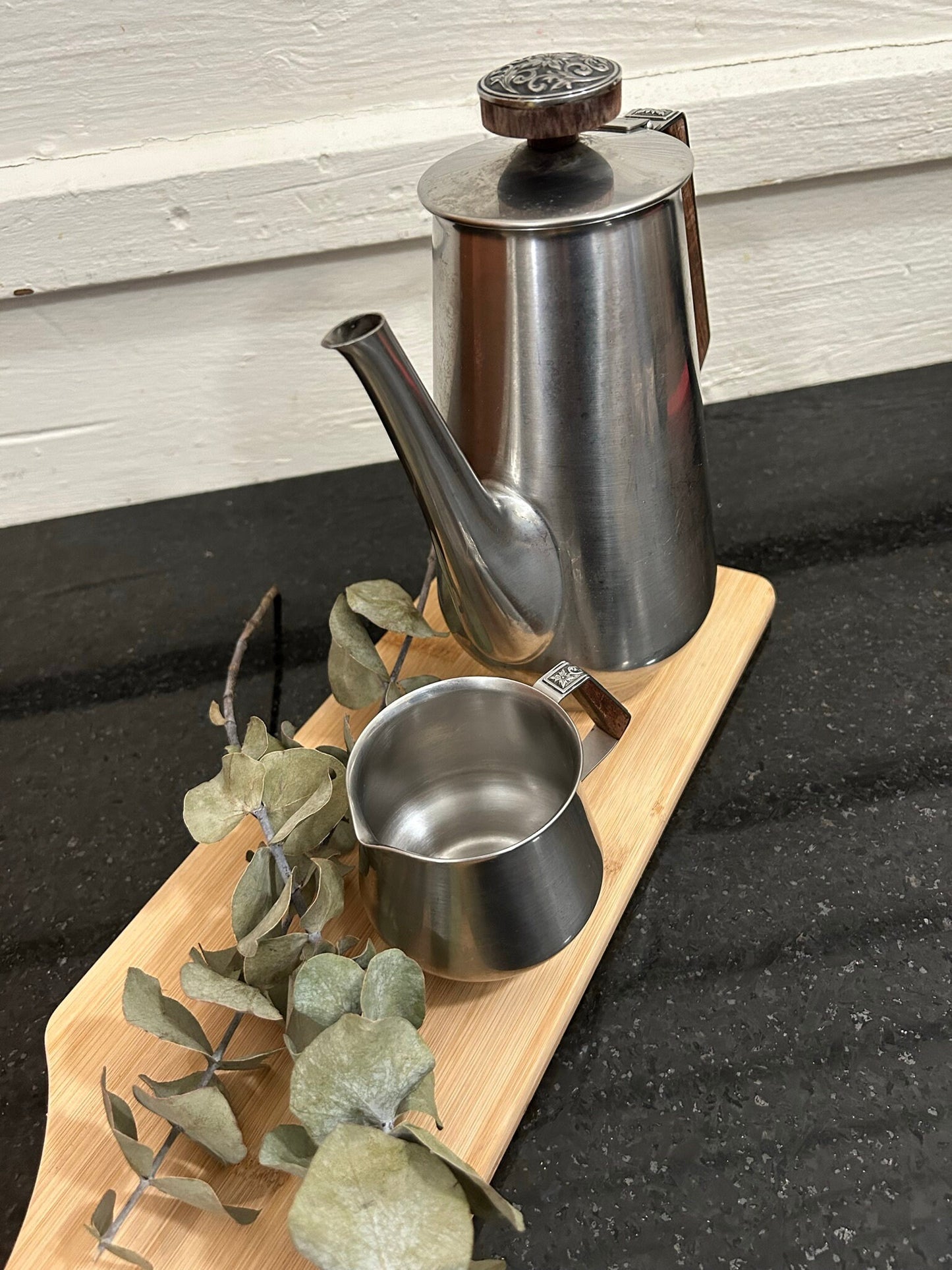 MCM Stainless Steel Coffee Pot & Creamer Set: Teak Handle, International Decorator