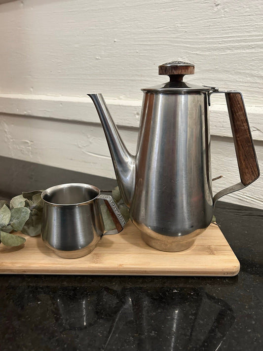 MCM Stainless Steel Coffee Pot & Creamer Set: Teak Handle, International Decorator