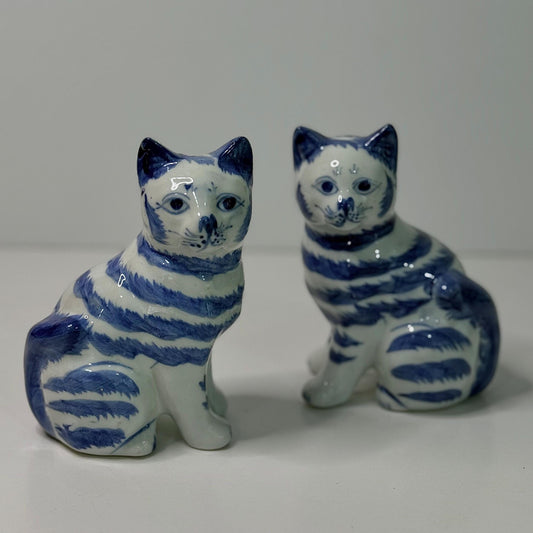 Vintage Blue & White Ceramic Cat Figurines Stripes Porcelain Cats  Pair of Decorative Shelf Sitters