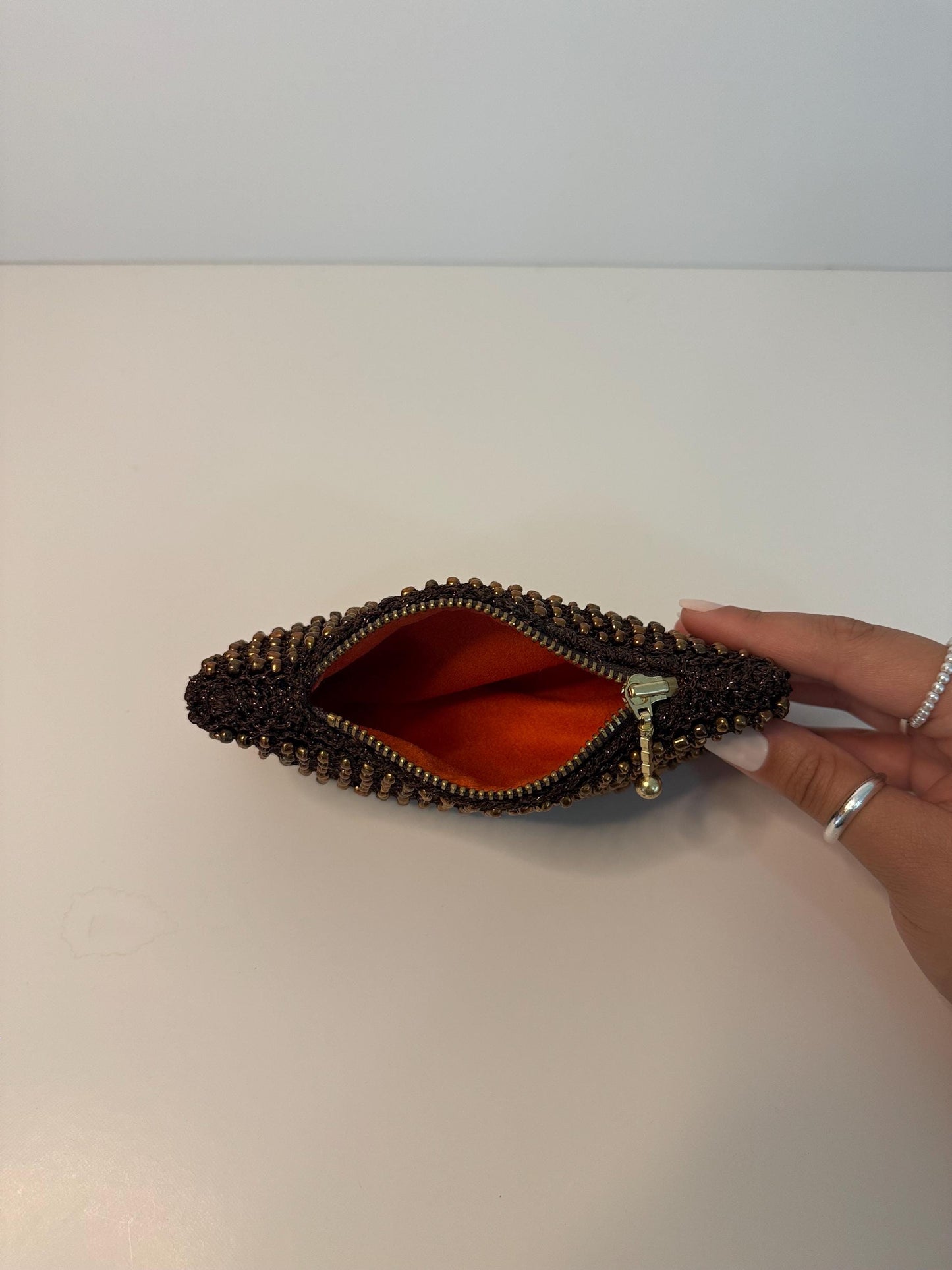 Vintage Beaded Coin Purse | Handmade Brown & Copper colour Bead Zipper Pouch | Retro Evening Bag