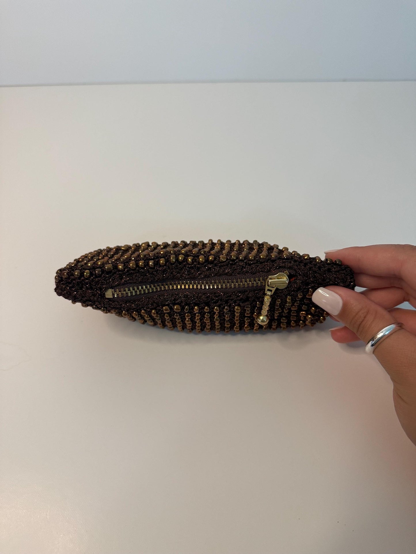 Vintage Beaded Coin Purse | Handmade Brown & Copper colour Bead Zipper Pouch | Retro Evening Bag