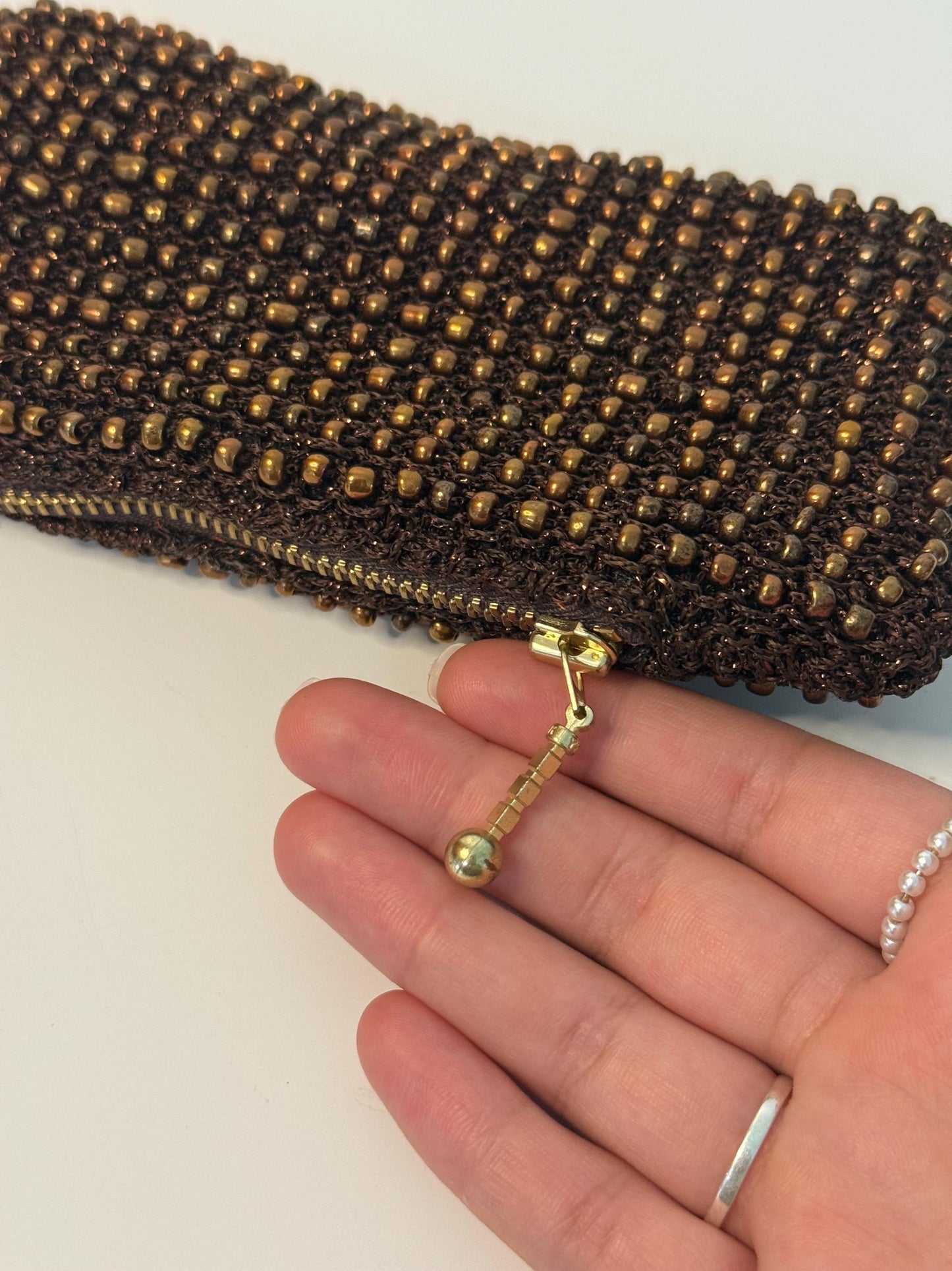 Vintage Beaded Coin Purse | Handmade Brown & Copper colour Bead Zipper Pouch | Retro Evening Bag