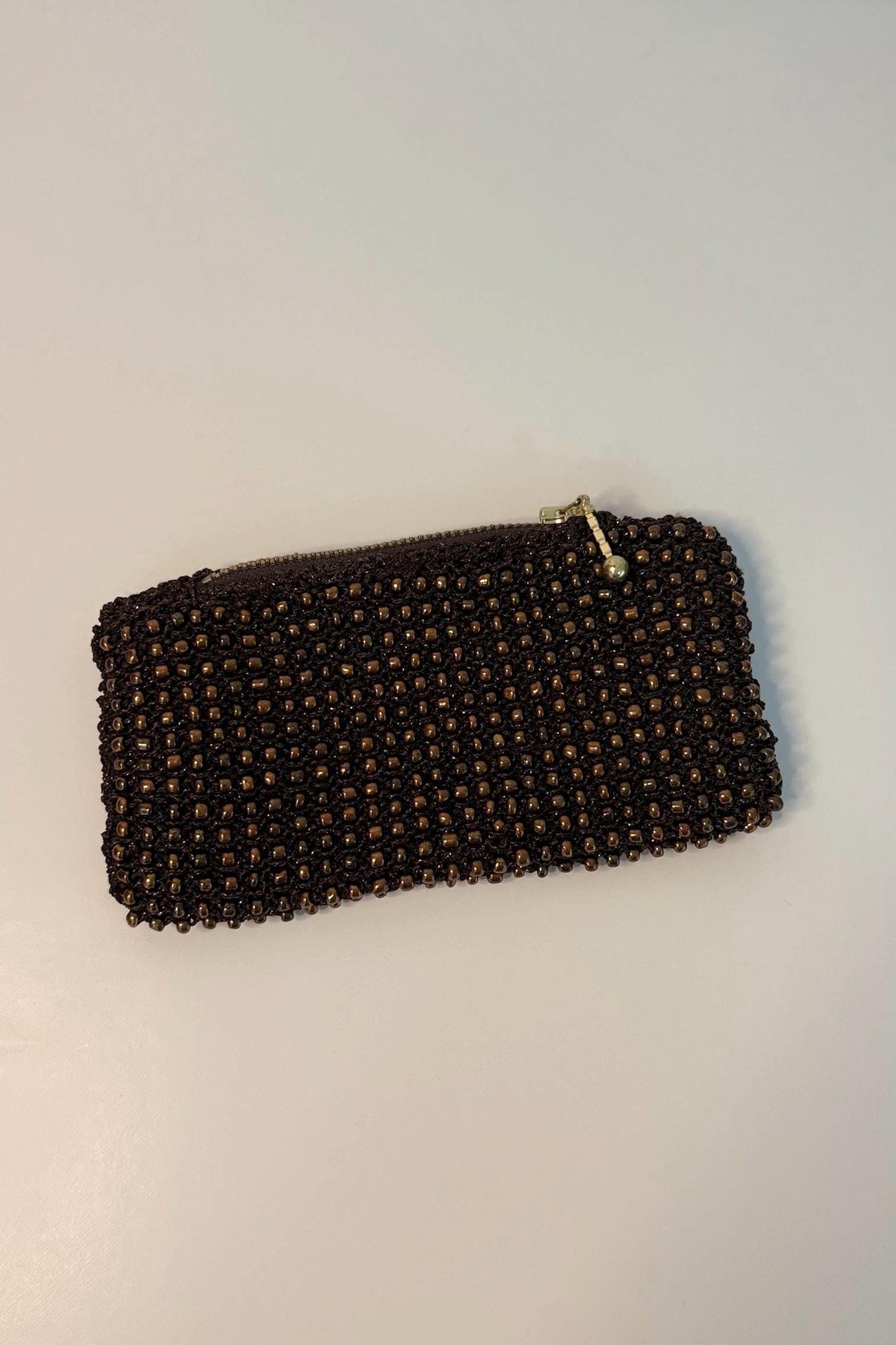 Vintage Beaded Coin Purse | Handmade Brown & Copper colour Bead Zipper Pouch | Retro Evening Bag