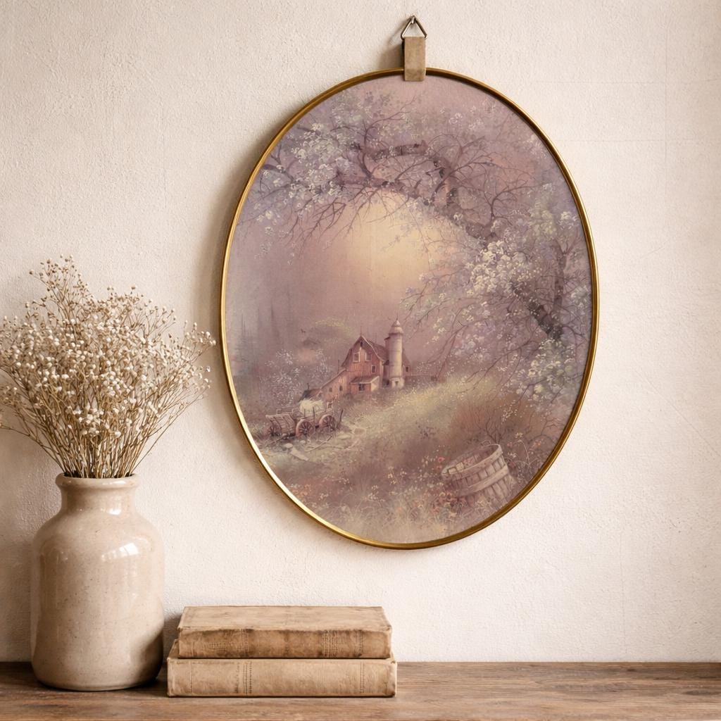 Vintage Oval Cottage Farm Wall Art in Brass Frame