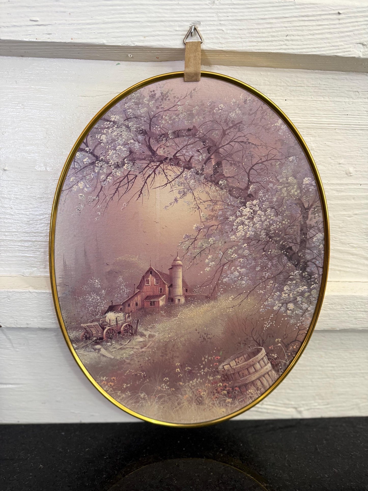 Vintage Oval Cottage Farm Wall Art in Brass Frame
