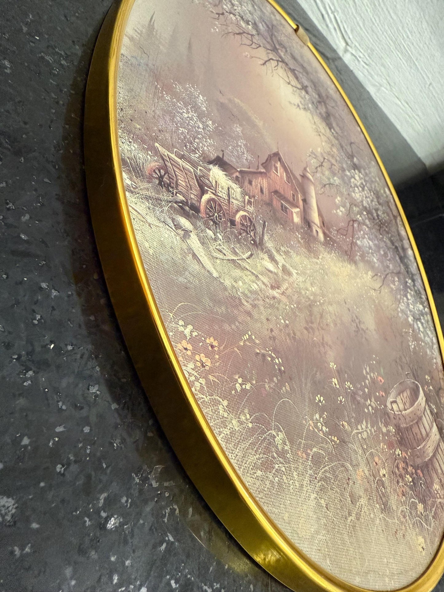 Vintage Oval Cottage Farm Wall Art in Brass Frame