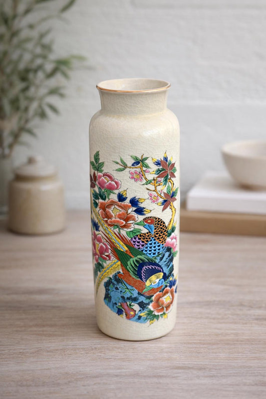 Vintage Japanese Porcelain Vase with Birds & Flowers