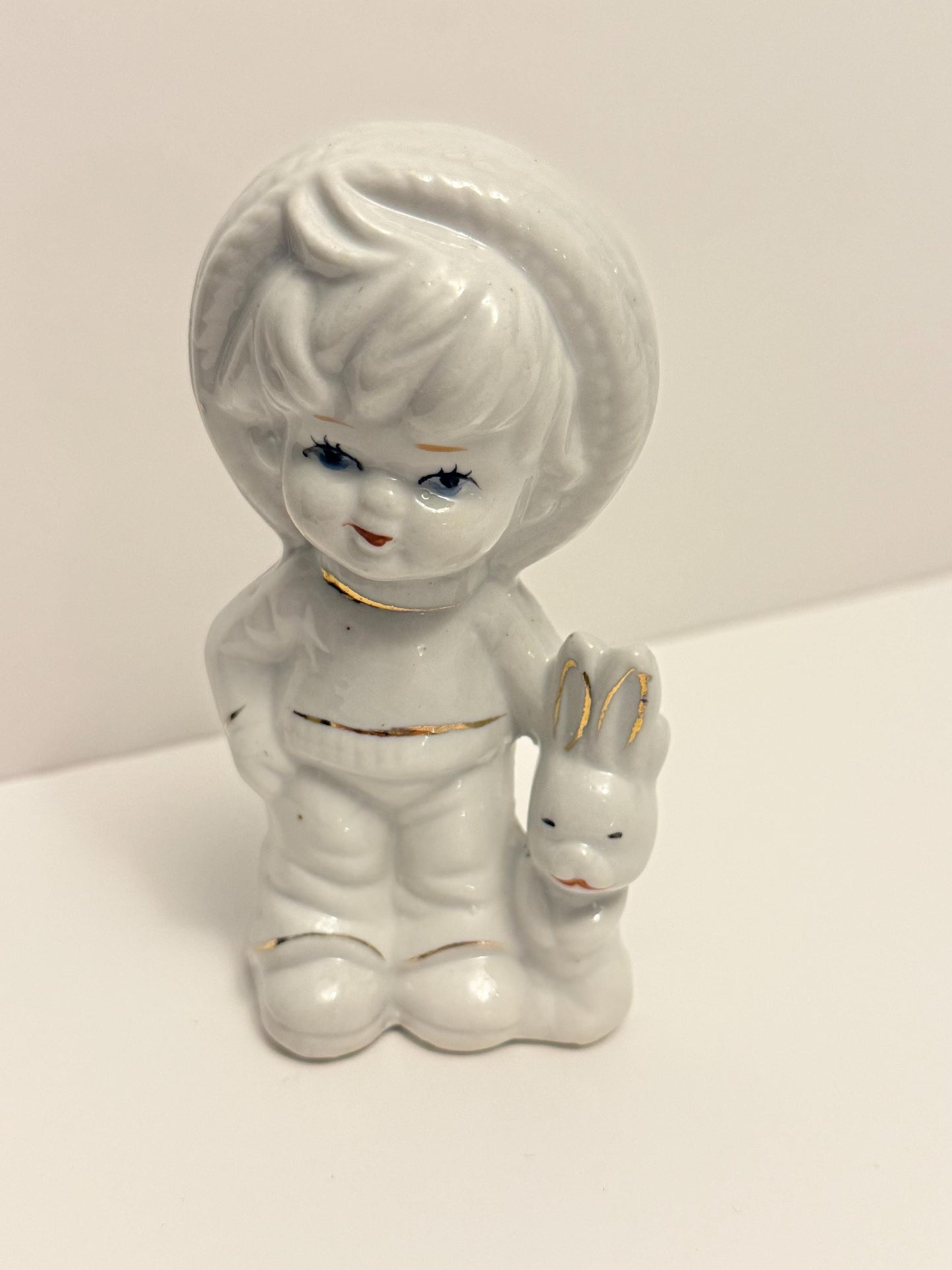 Vintage Porcelain Boy with Bunny Figurine – Hand-Painted White Ceramic, 4.5” Tall