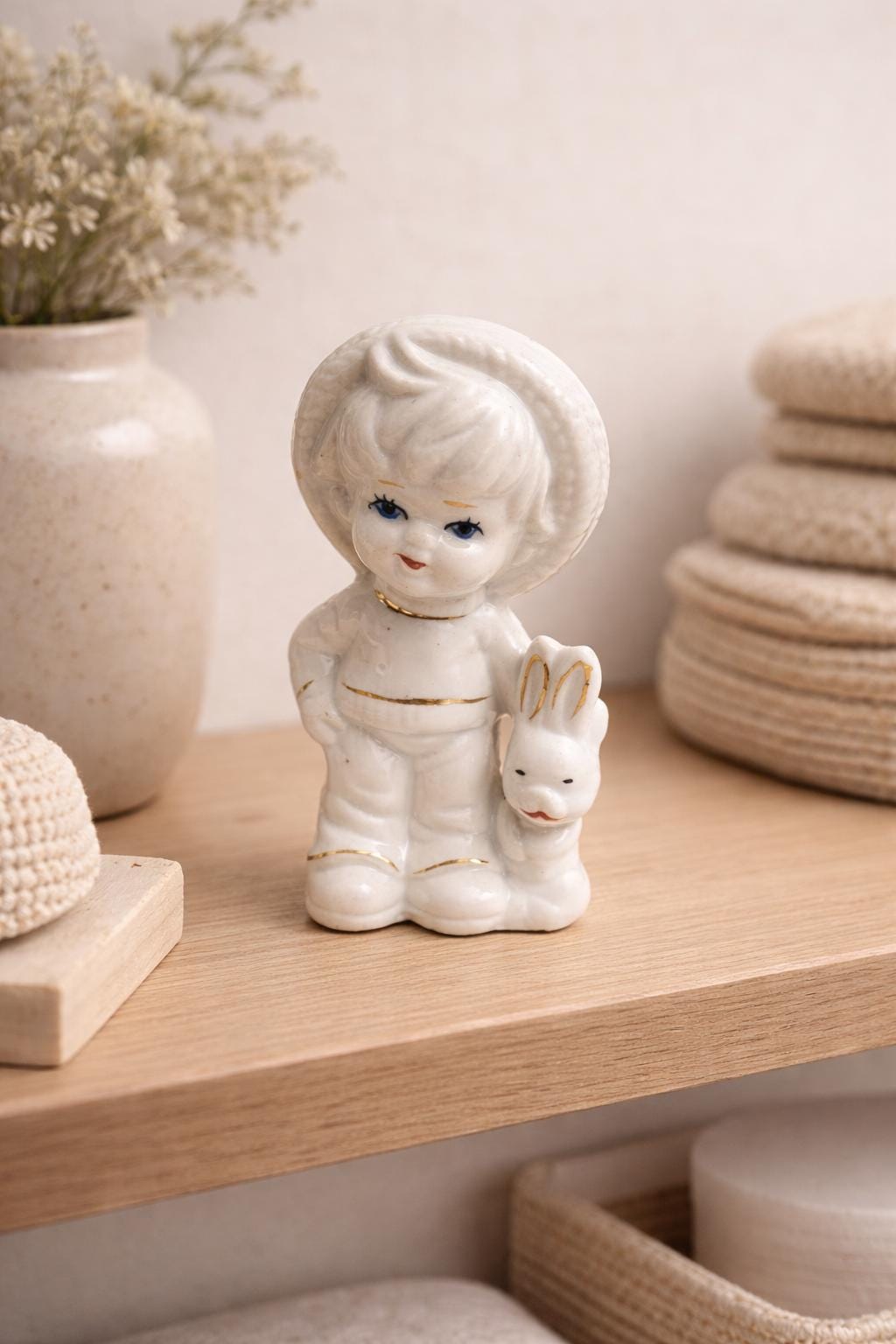 Vintage Porcelain Boy with Bunny Figurine – Hand-Painted White Ceramic, 4.5” Tall