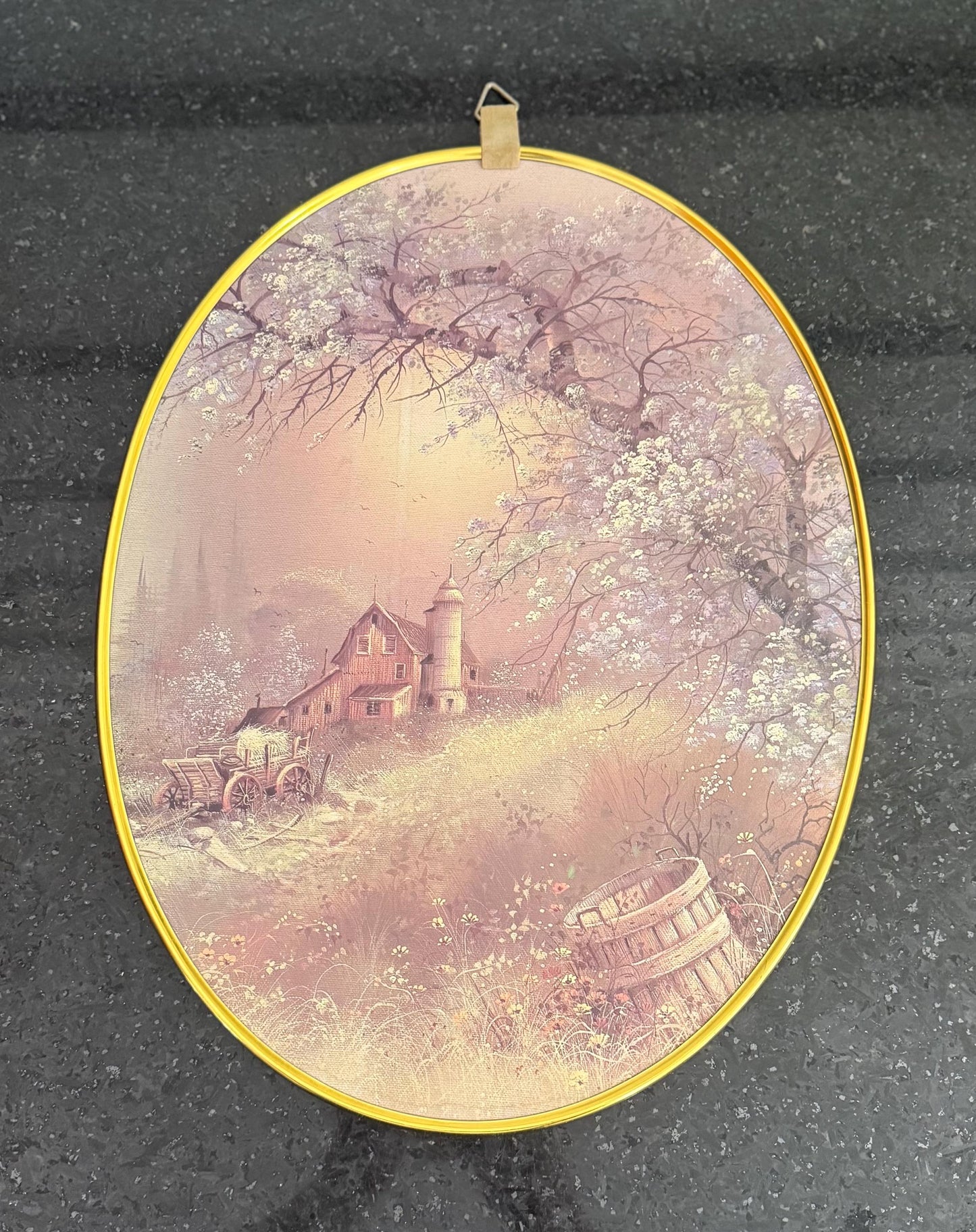 Vintage Oval Cottage Farm Wall Art in Brass Frame