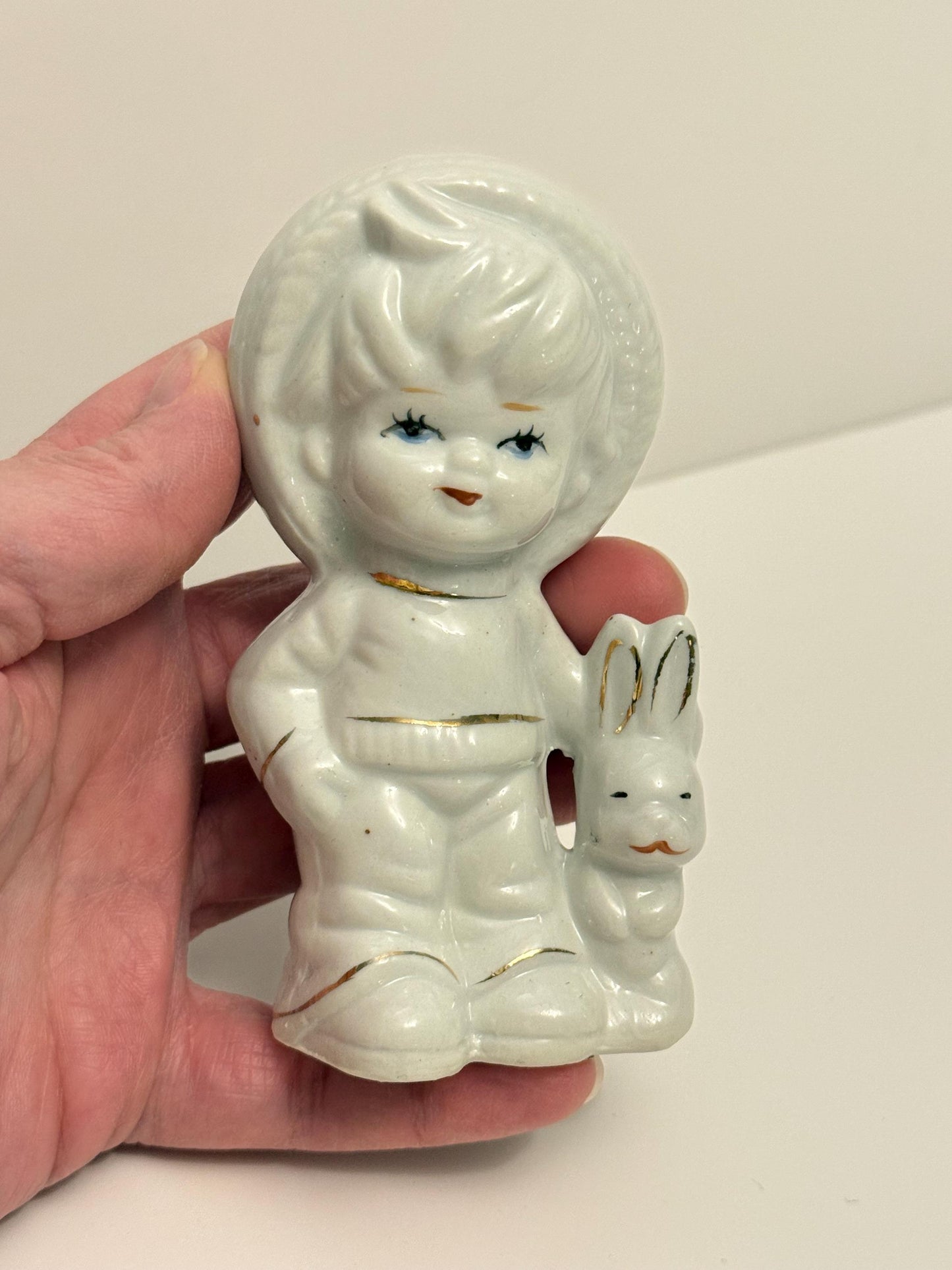 Vintage Porcelain Boy with Bunny Figurine – Hand-Painted White Ceramic, 4.5” Tall