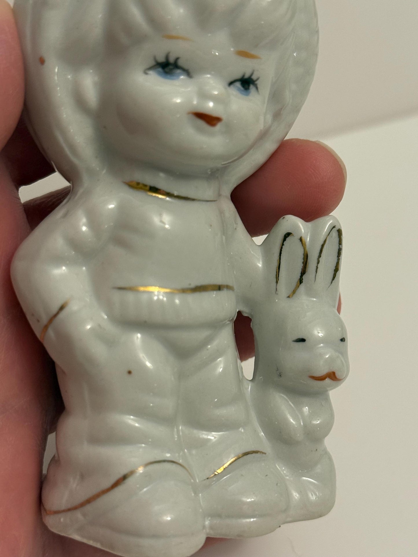 Vintage Porcelain Boy with Bunny Figurine – Hand-Painted White Ceramic, 4.5” Tall