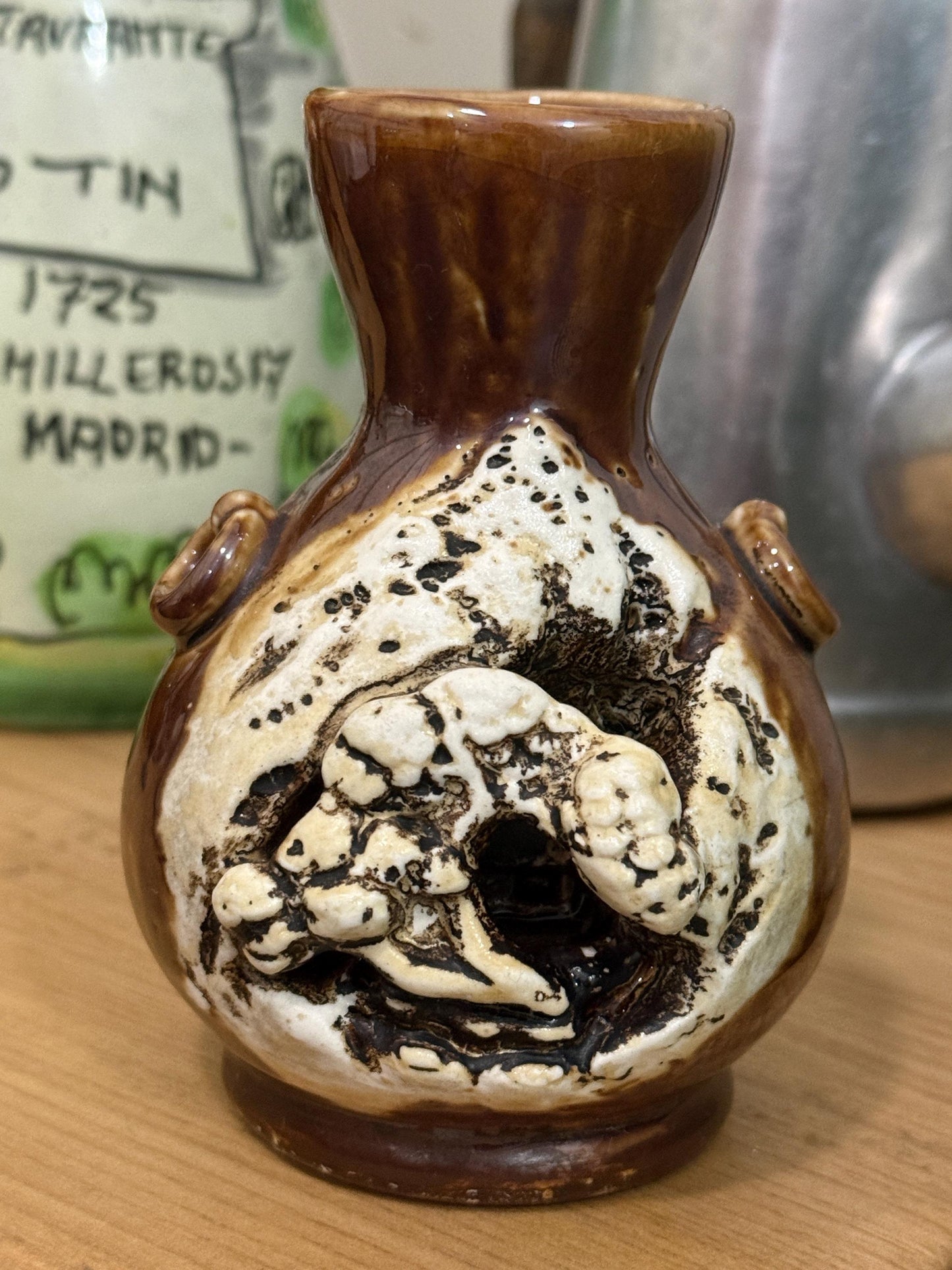 Vintage Japanese Banko-Style Pottery Bud Vase with Carved House Motif – 4.5”