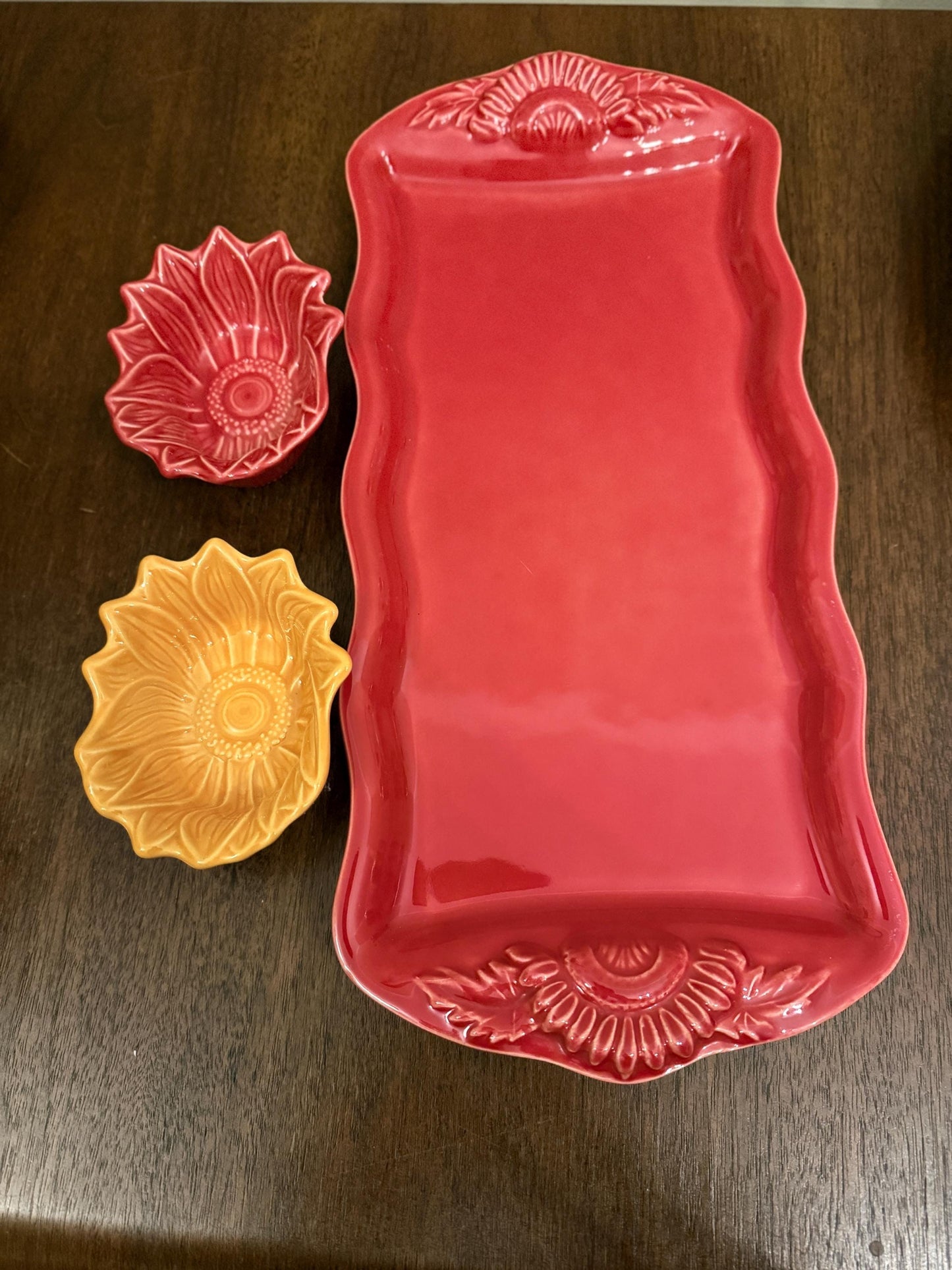 Vintage Appolia French Ceramic Serving Set – Rectangular Platter + 2 Sunflower Bowls – France Stoneware