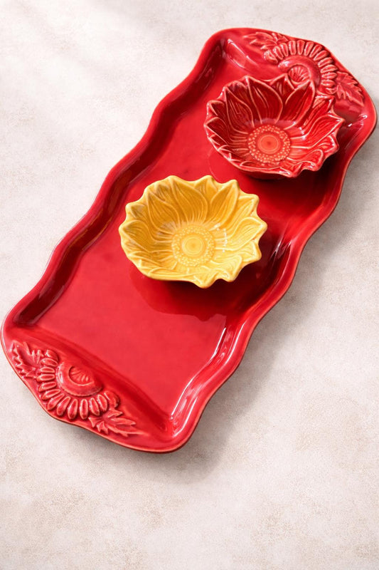 Vintage Appolia French Ceramic Serving Set – Rectangular Platter + 2 Sunflower Bowls – France Stoneware