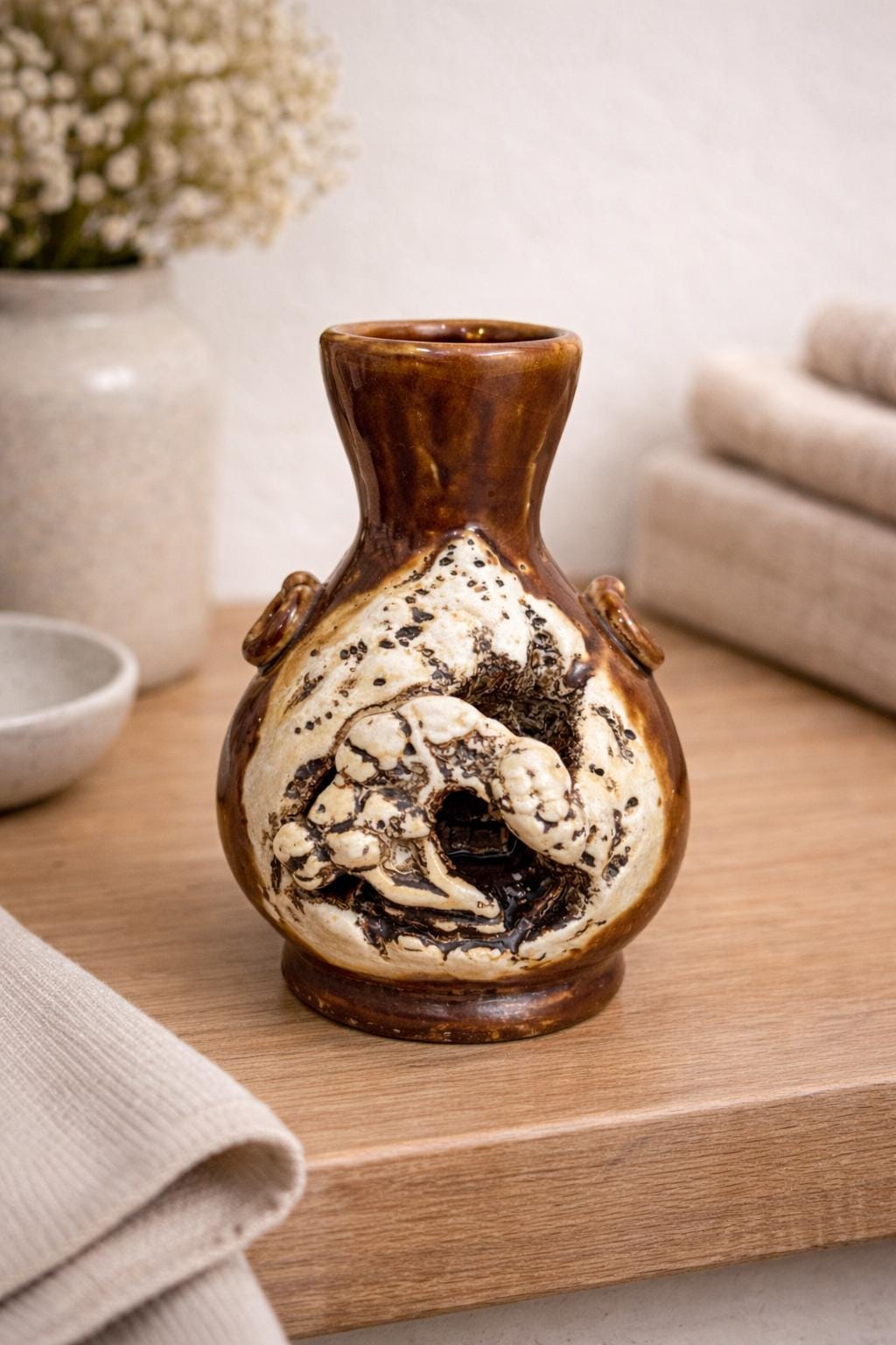 Vintage Japanese Banko-Style Pottery Bud Vase with Carved House Motif – 4.5”