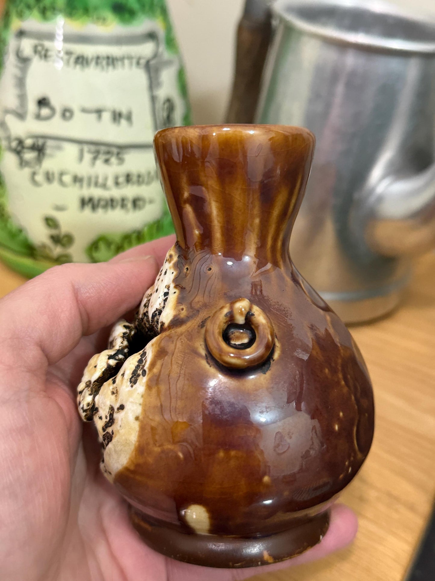 Vintage Japanese Banko-Style Pottery Bud Vase with Carved House Motif – 4.5”