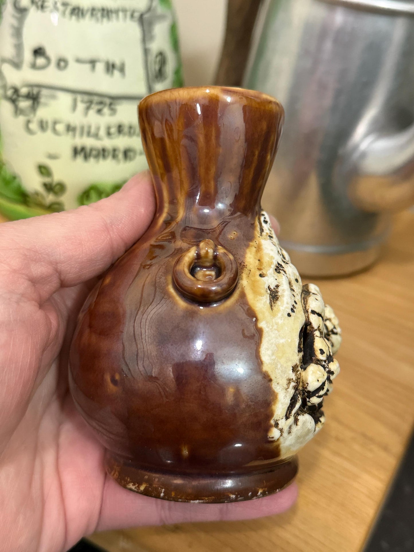 Vintage Japanese Banko-Style Pottery Bud Vase with Carved House Motif – 4.5”