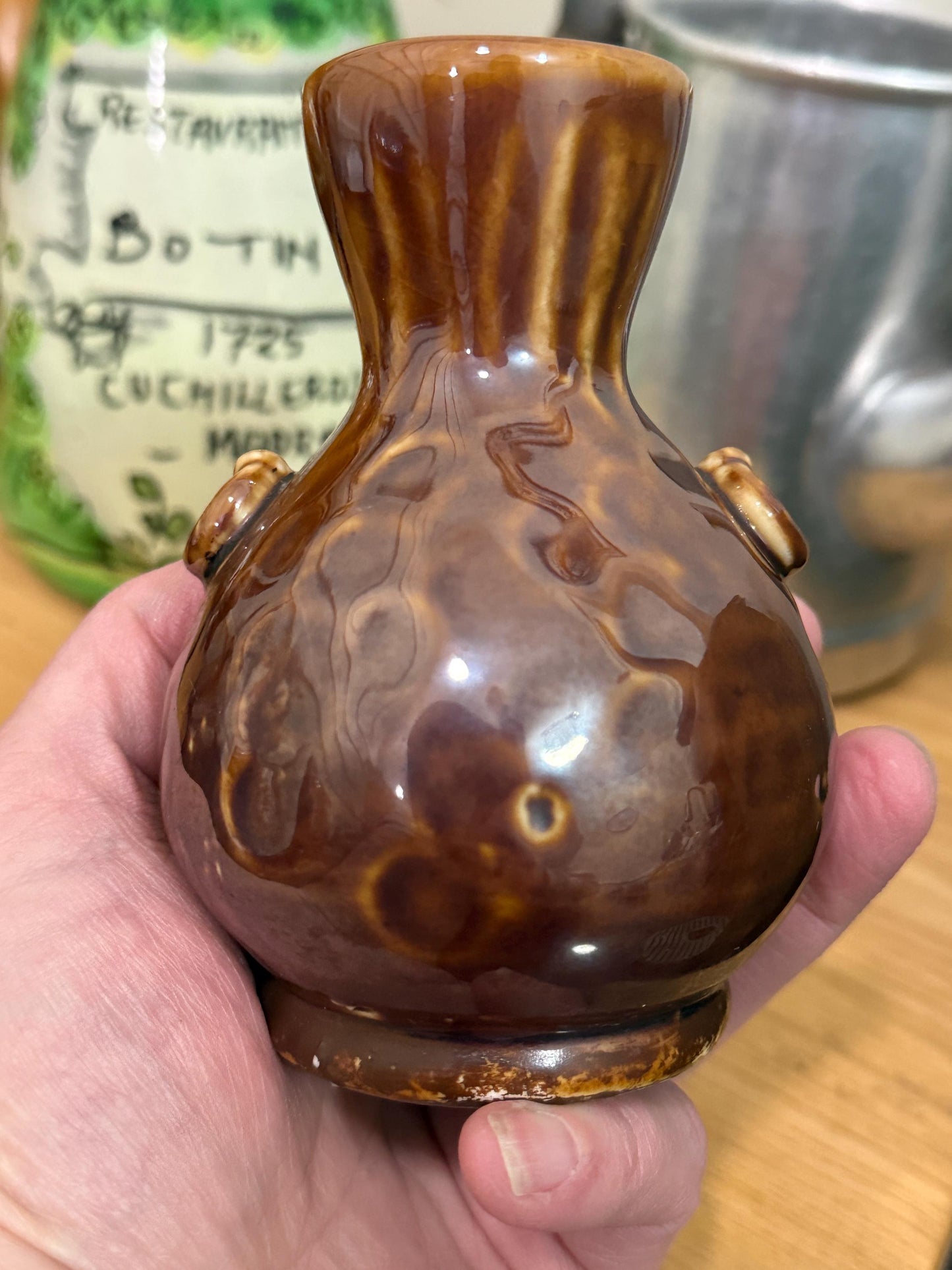 Vintage Japanese Banko-Style Pottery Bud Vase with Carved House Motif – 4.5”