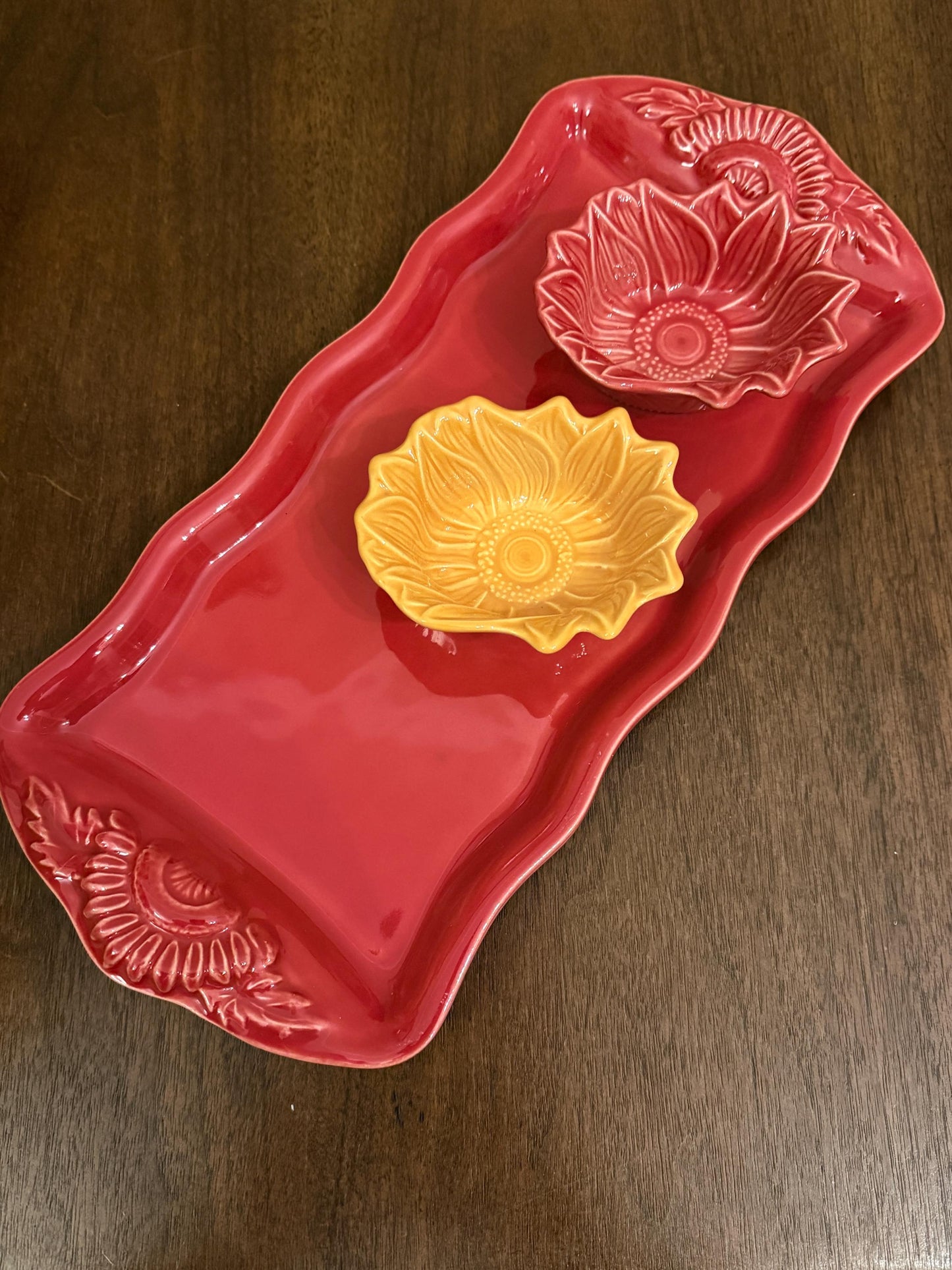 Vintage Appolia French Ceramic Serving Set – Rectangular Platter + 2 Sunflower Bowls – France Stoneware