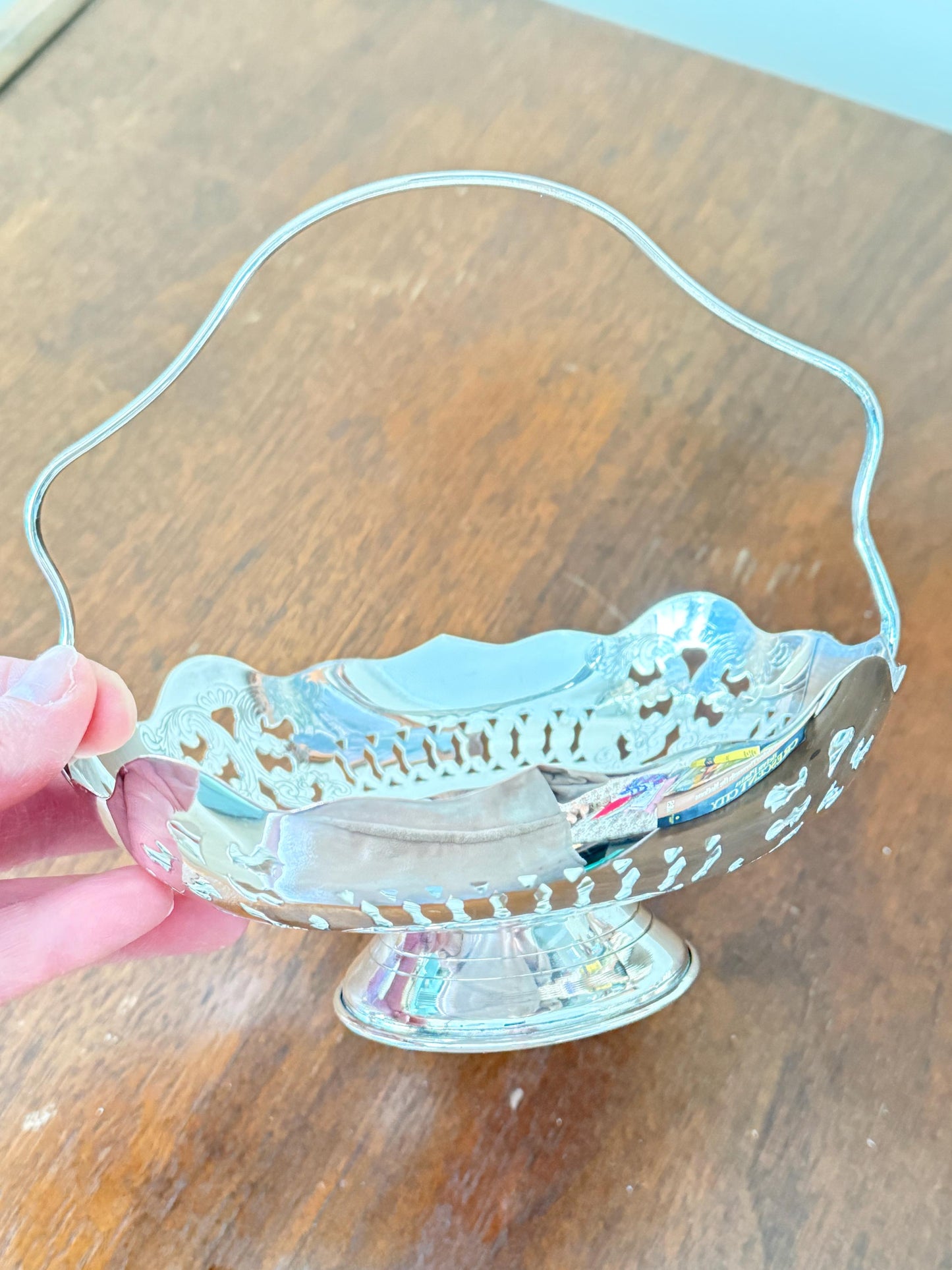 Vintage Silver Plated Basket with Handle, Small Pedestal Candy Dish