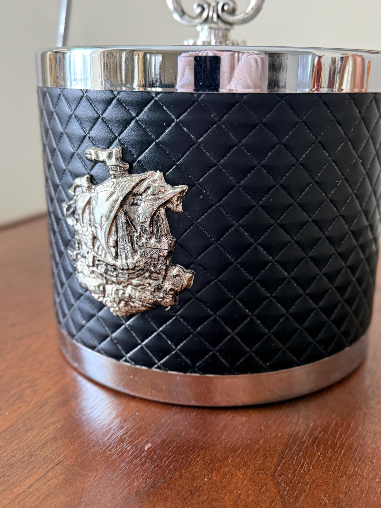 Vintage Silver Plated Faux Leather Ice Bucket with Handle