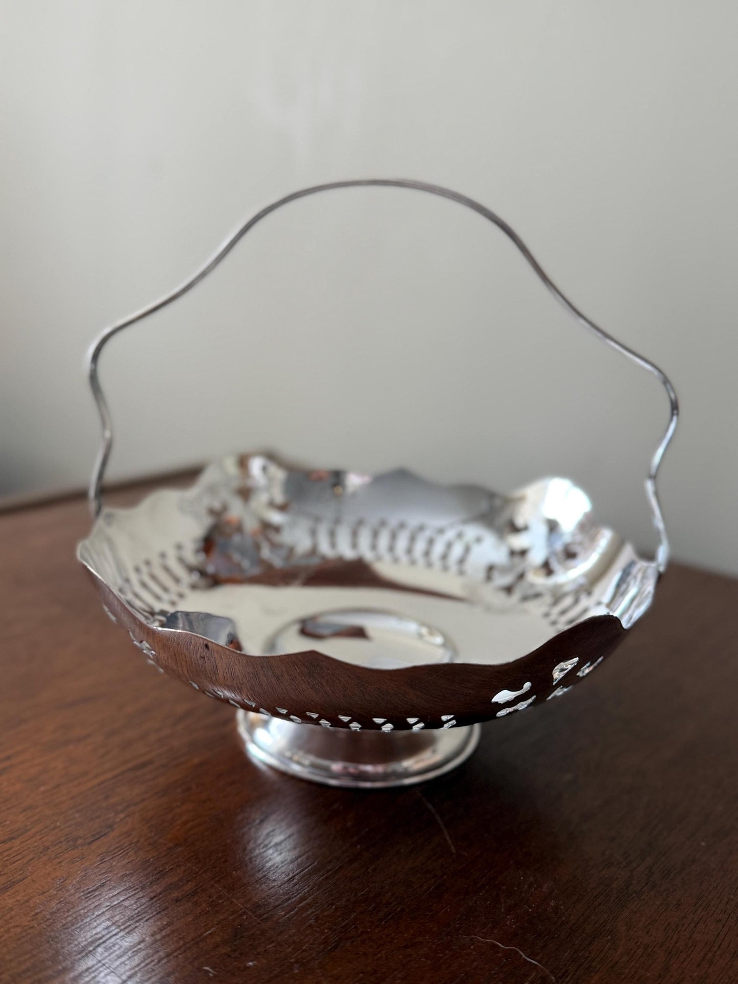 Vintage Silver Plated Basket with Handle, Small Pedestal Candy Dish