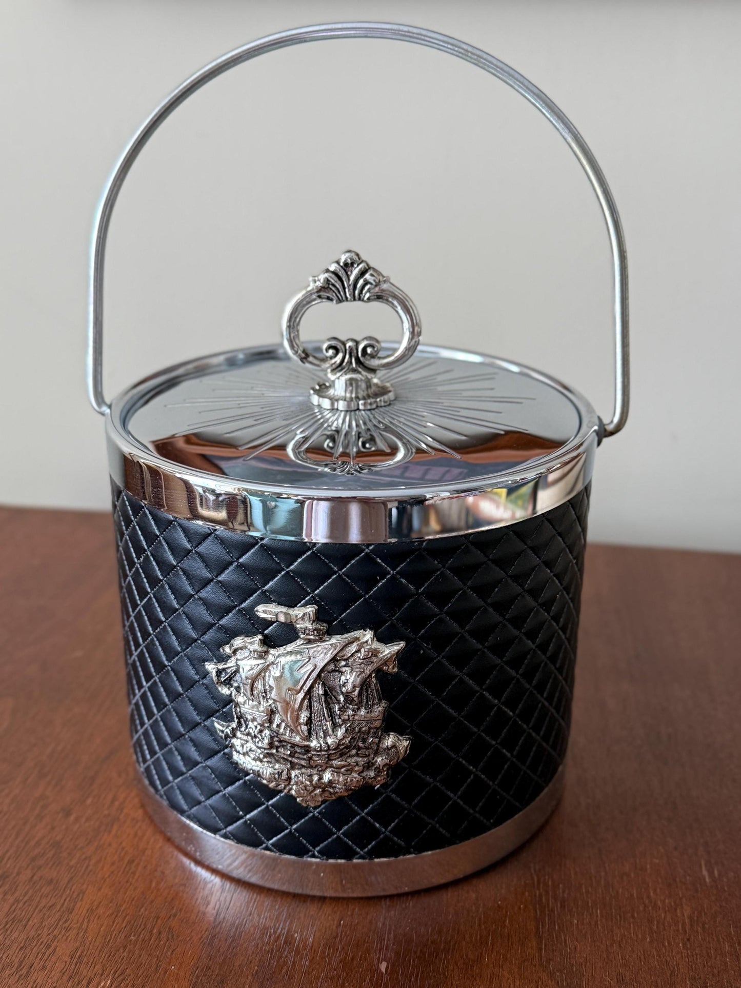 Vintage Silver Plated Faux Leather Ice Bucket with Handle
