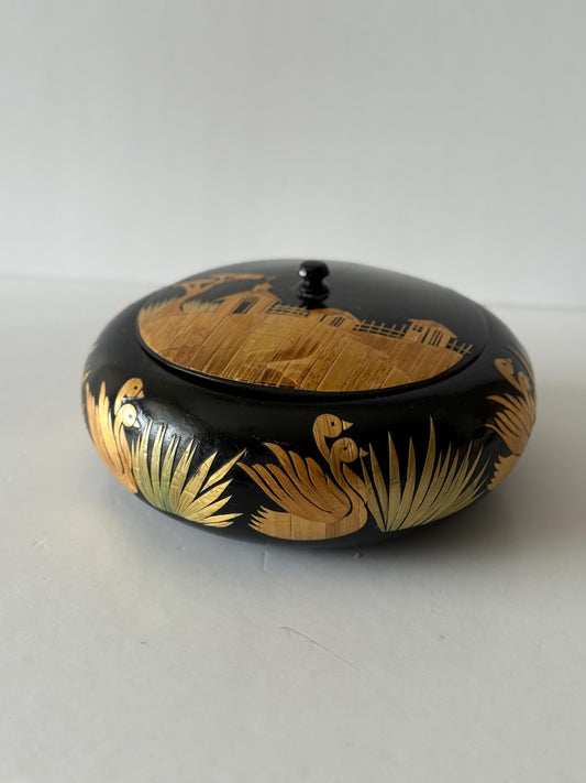 Vintage Colombian Straw Inlay Wood Box: Duck Motif Folk Art Trinket Keepsake