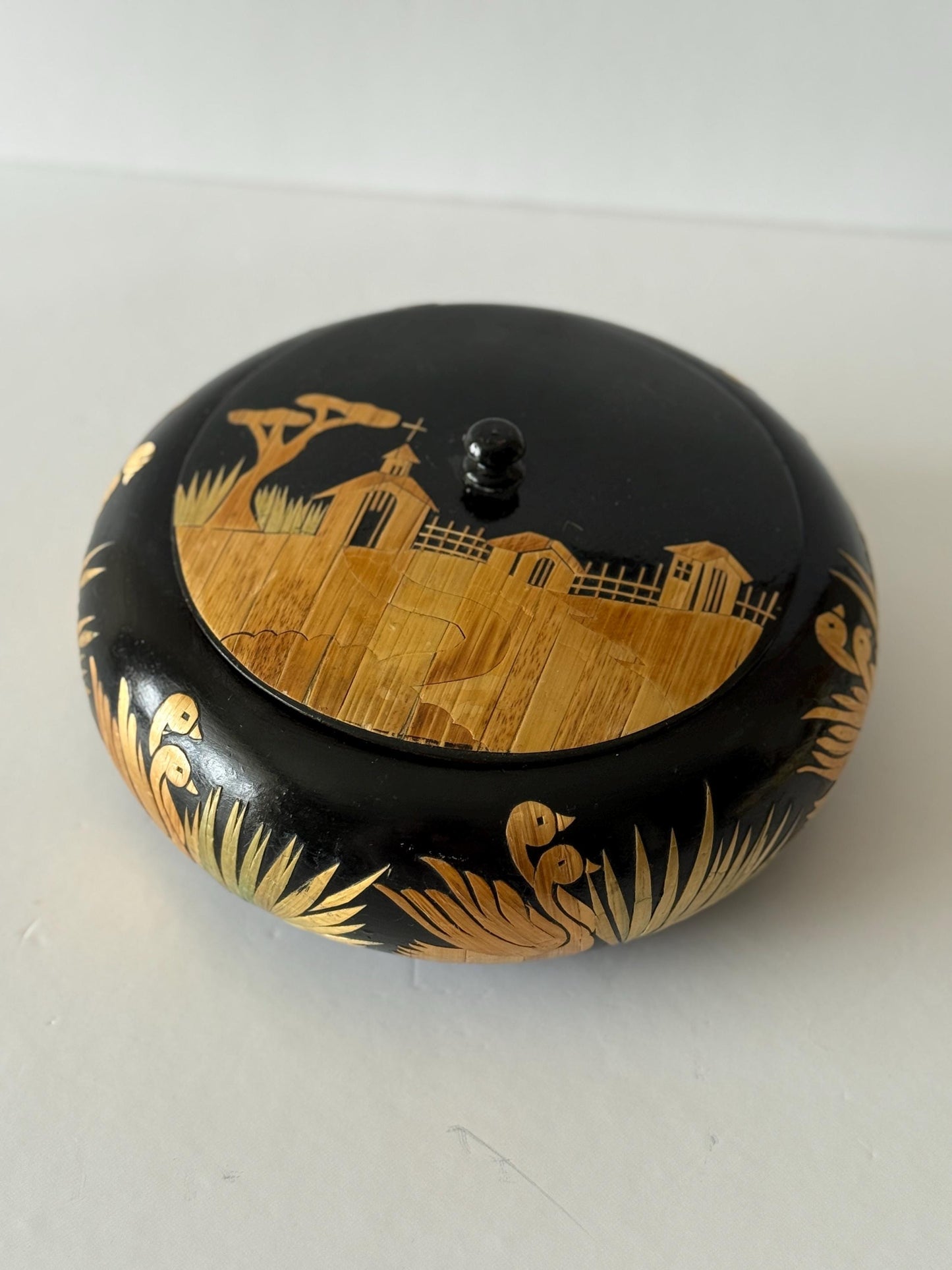 Vintage Colombian Straw Inlay Wood Box: Duck Motif Folk Art Trinket Keepsake
