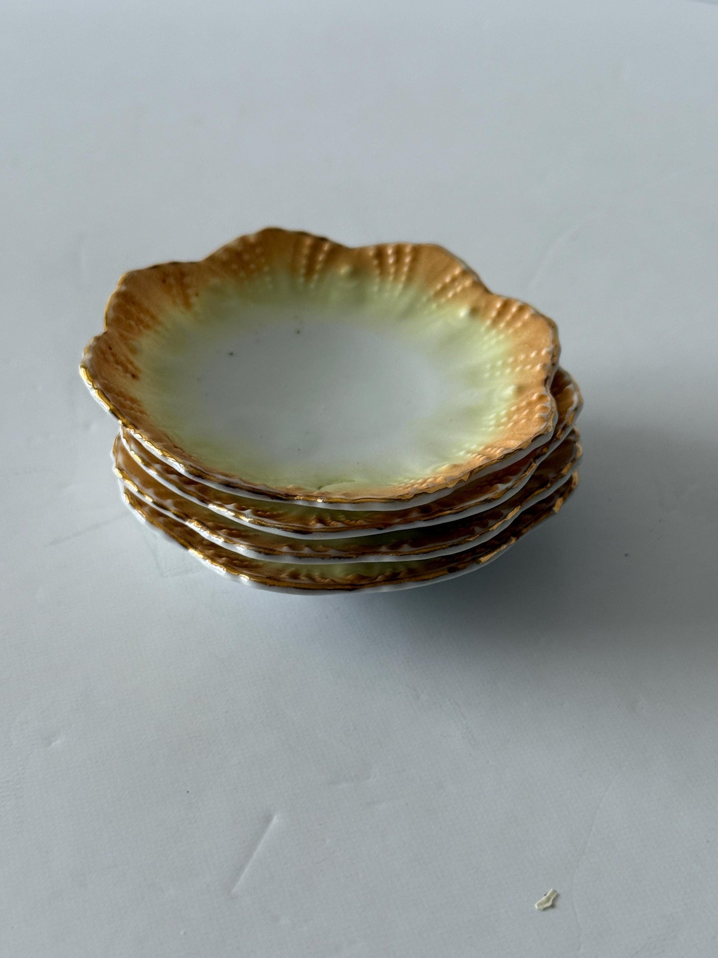 Set of 4 Antique Porcelain Butter Pats, Gold Rim Scalloped Victorian Tableware