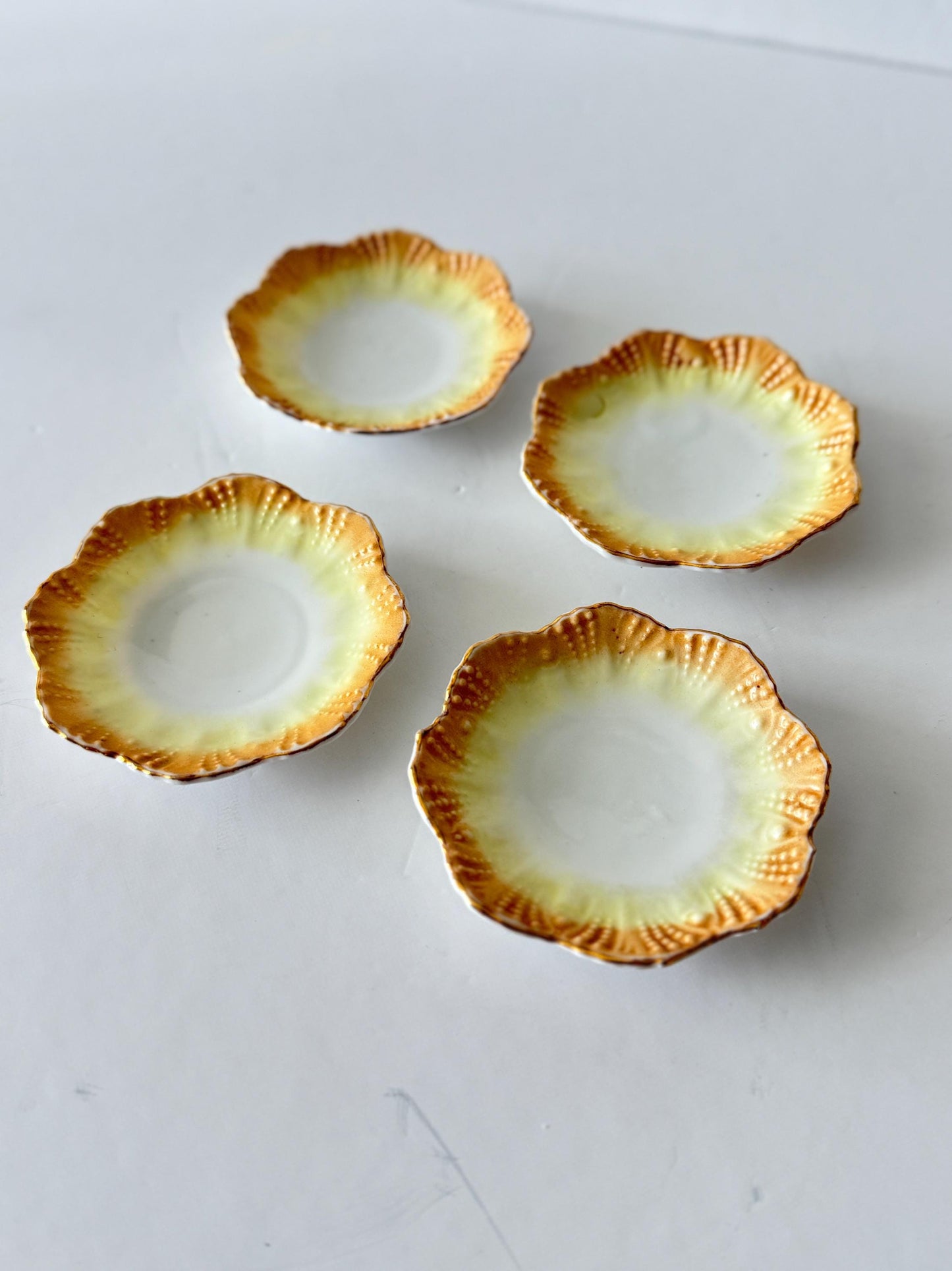 Set of 4 Antique Porcelain Butter Pats, Gold Rim Scalloped Victorian Tableware