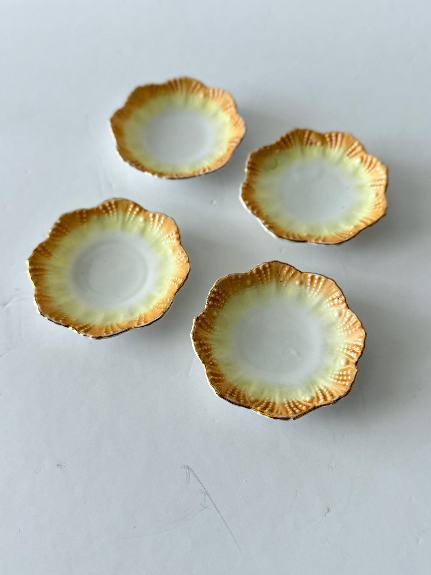 Set of 4 Antique Porcelain Butter Pats, Gold Rim Scalloped Victorian Tableware